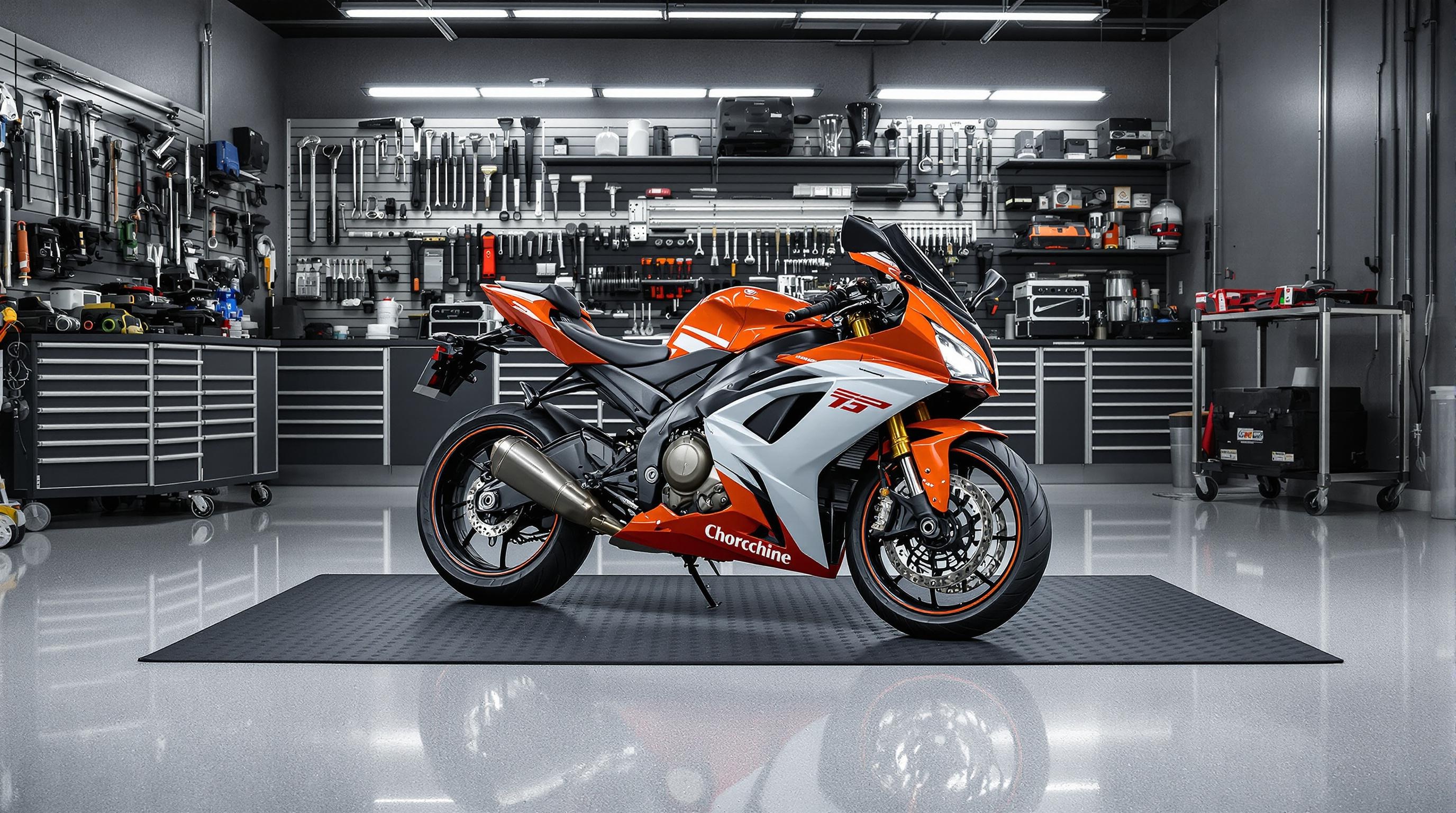 Moto sportive sur tapis environnemental dans garage moderne