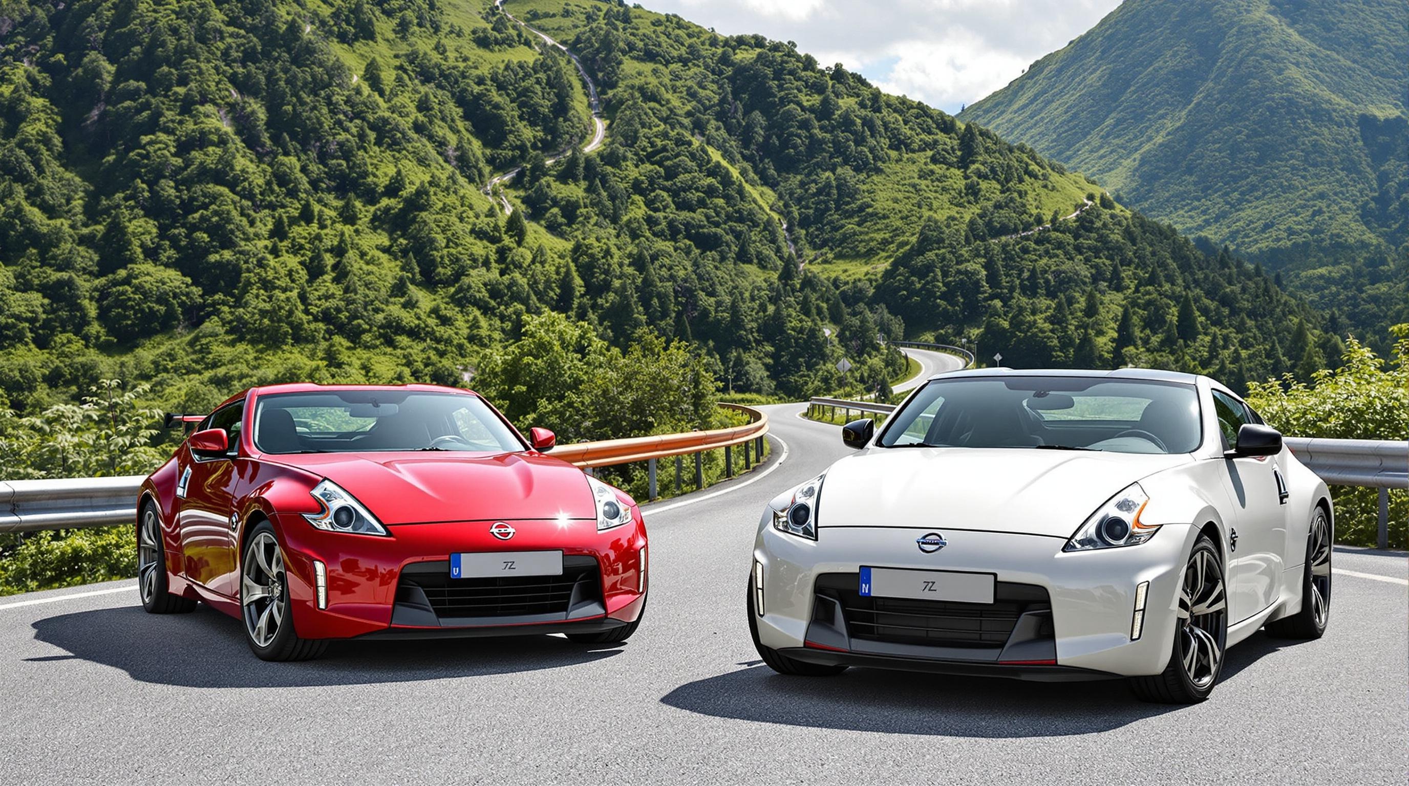 Nissan 370Z et Nissan 350Z côte à côte sur une route de montagne