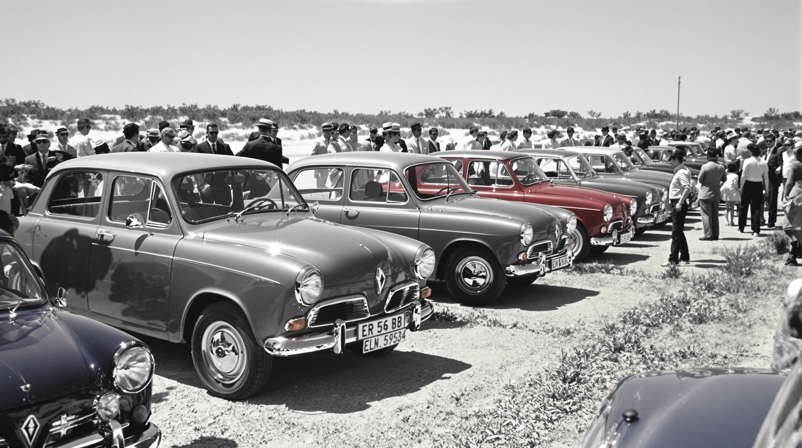 Opération Prenez le volant : rangée de Renault 4 à disposition du public en Camargue lors du lancement spectaculaire de 1961.