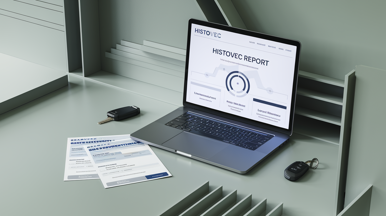 Ordinateur affichant un rapport HistoVec avec carte grise et clé de voiture