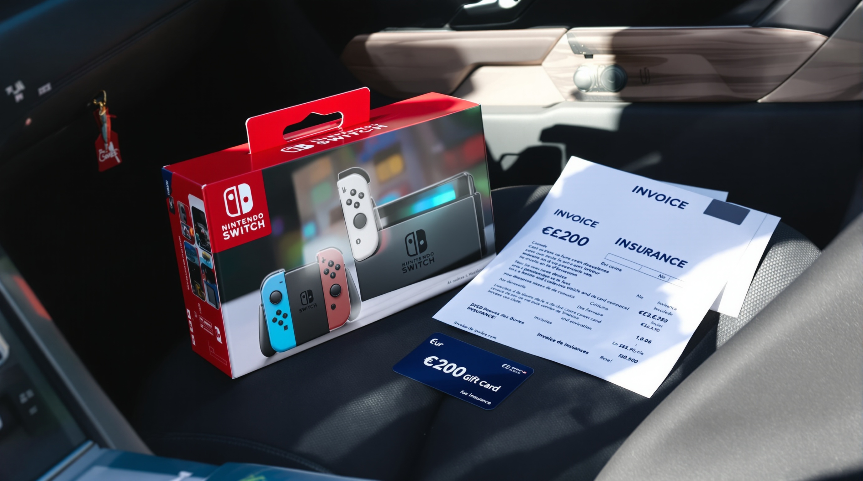 Nintendo Switch sur siège auto avec carte cadeau et facture d'assurance