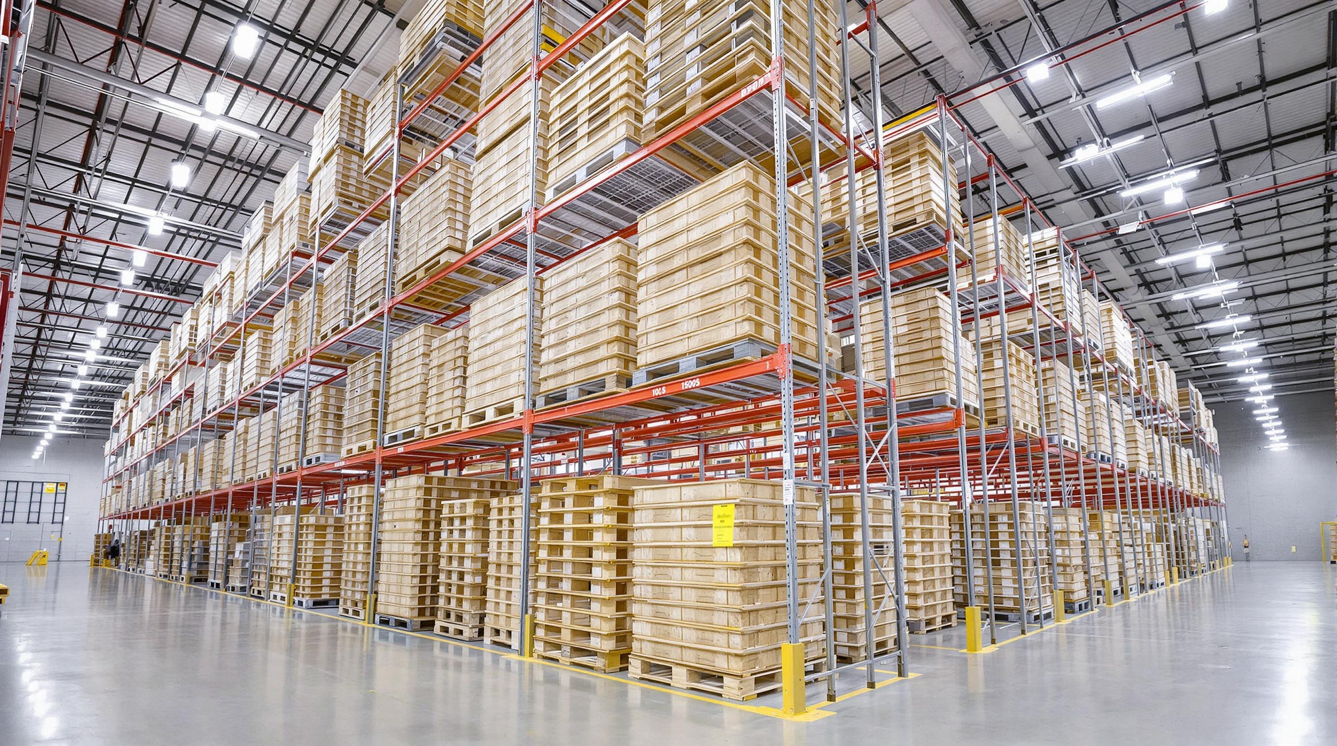 Palettier industriel modulaire avec palettes standard, allée étroite et éclairage LED