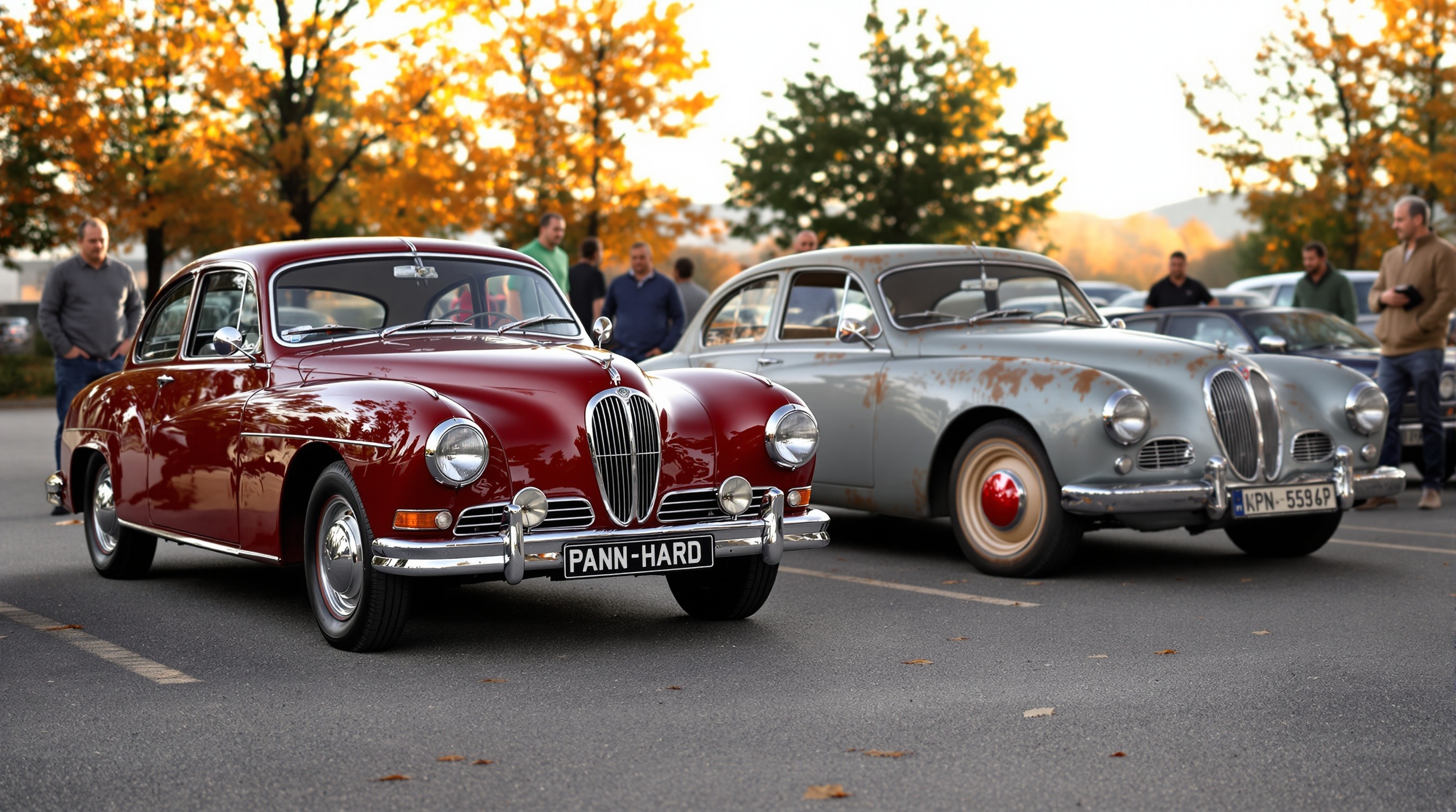 Deux Panhard 24 côte à côte, état restauré vs d'origine sur un parking