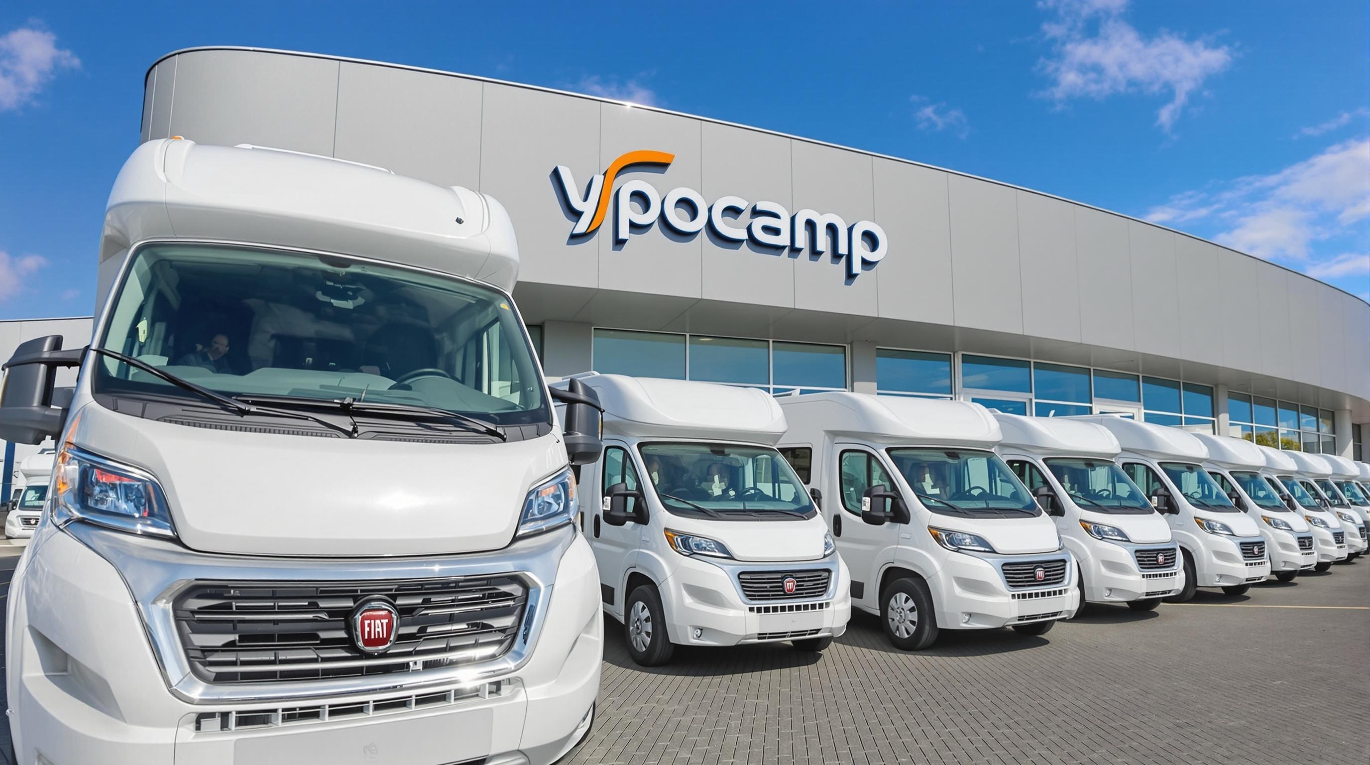 Camping-cars alignés devant une concession Ypocamp