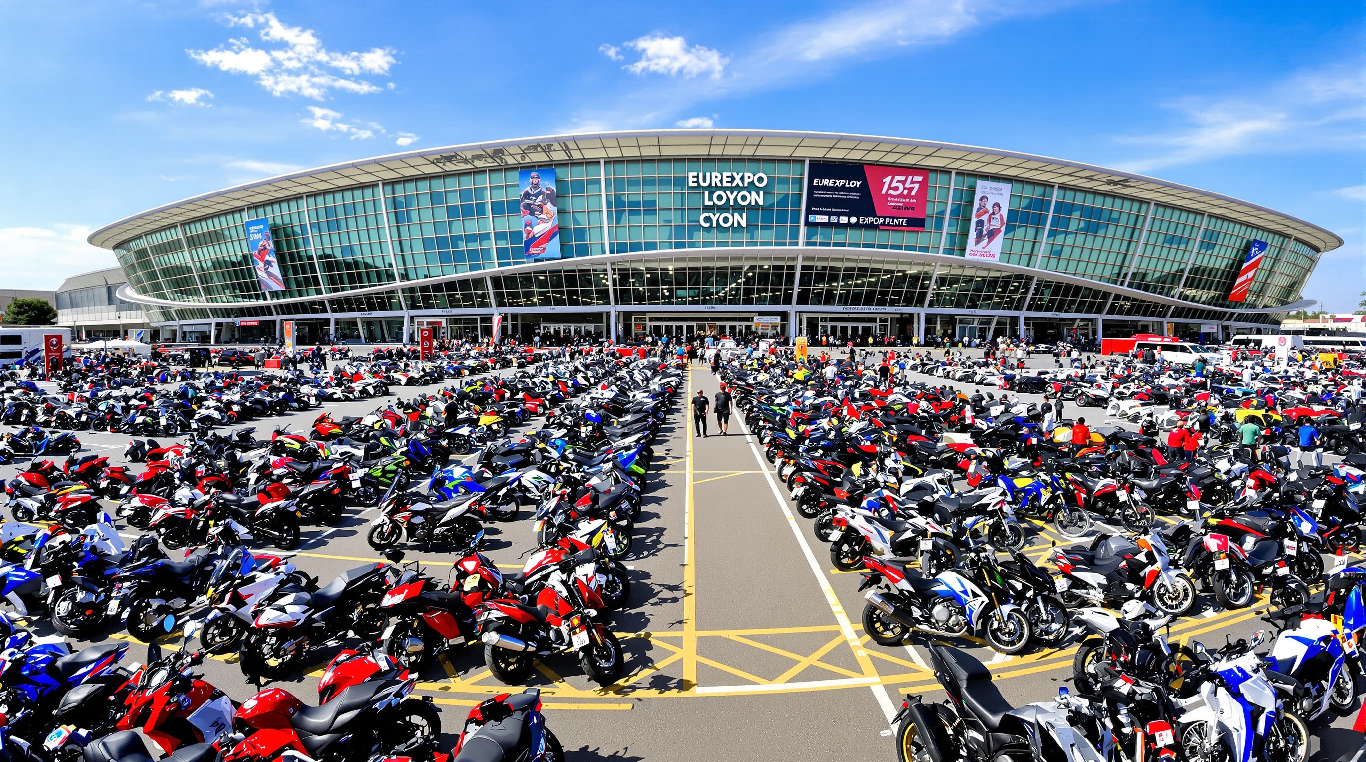 Parking moto bondé à Eurexpo Lyon lors du Salon du 2 Roues
