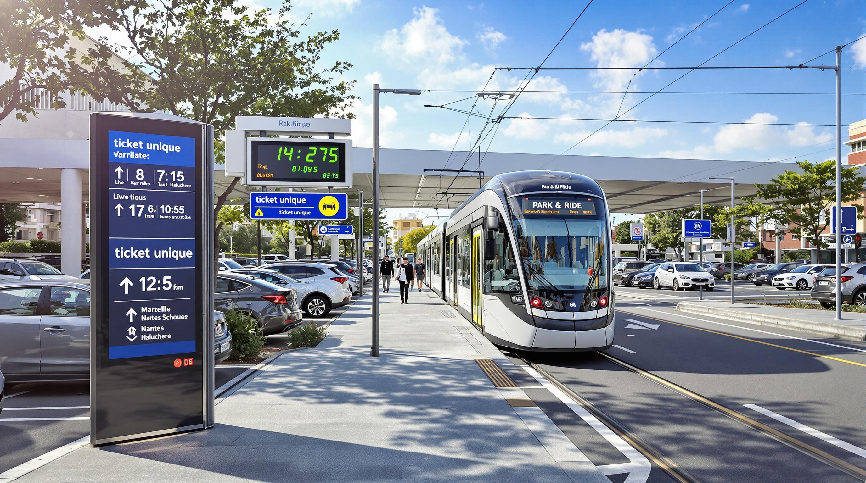 Photo d'un parking relais en France, avec correspondance tramway entre Marseille et Nantes.