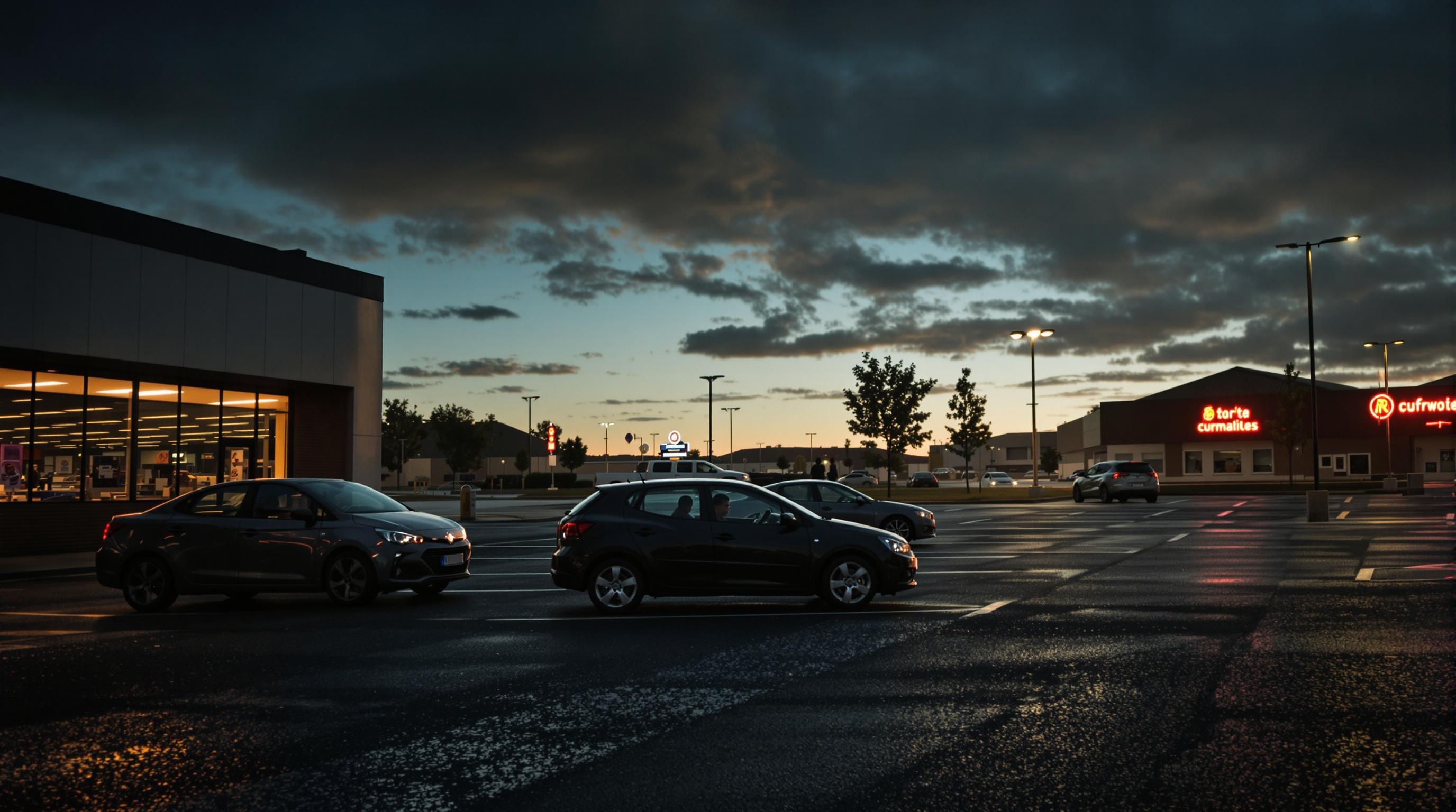 Parking de supermarché en Haute-Garonne, un conducteur isolé scrute autour de lui.