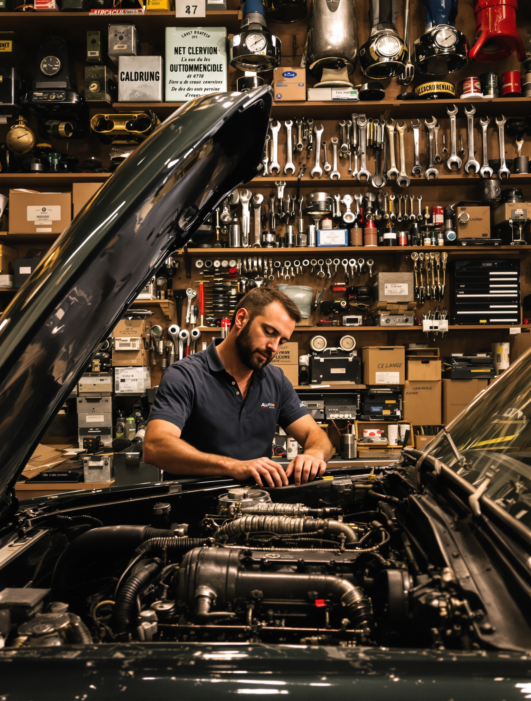 Un passionné et son Austin ancienne capot ouvert, entouré d’étagères pleines de pièces détachées d’époque et d’outils spécialisés, ambiance atelier d’orfèvre automobile.