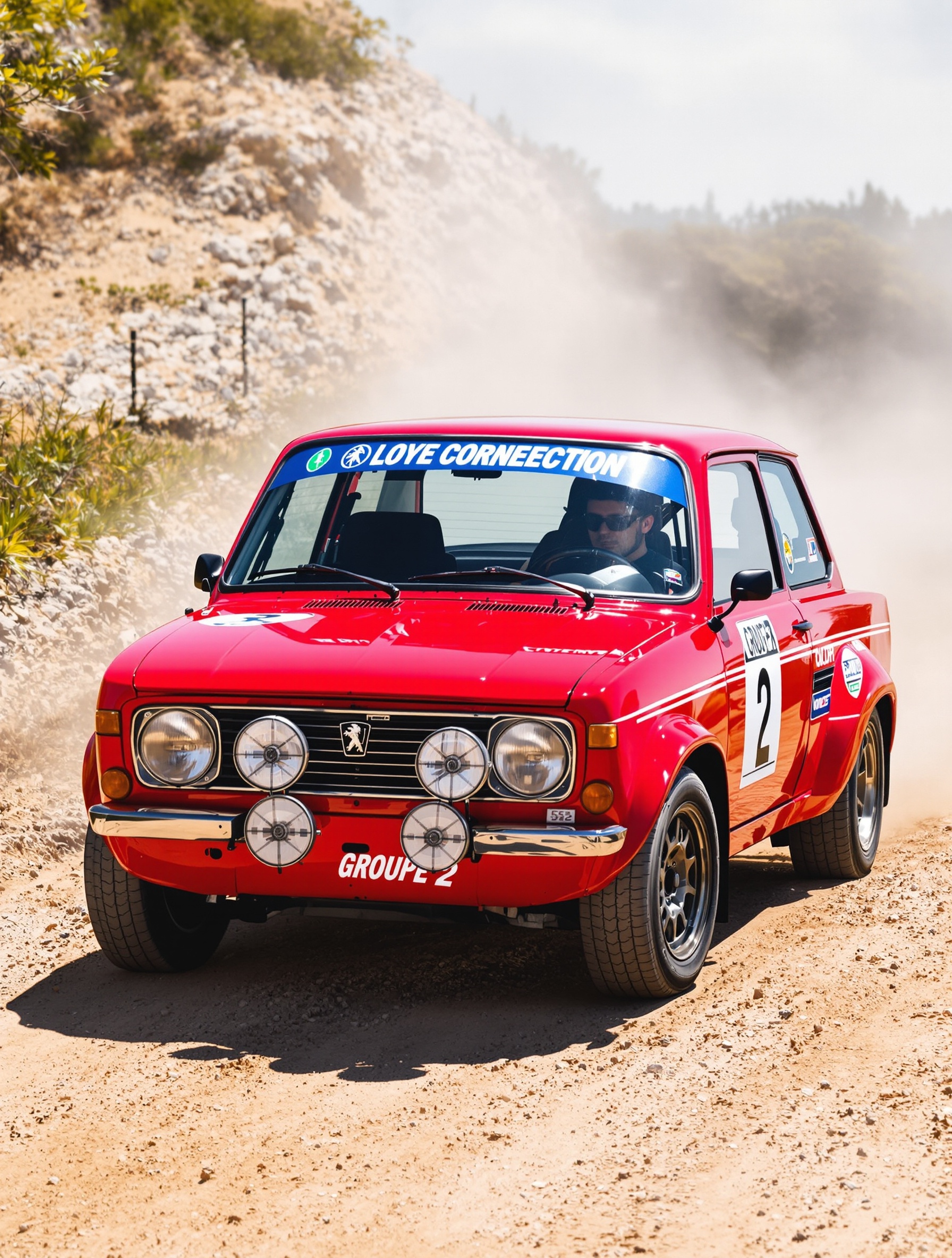 Vue de trois-quarts avant d'une Peugeot 104 ZS2 rouge vif sur un chemin de terre, avec élargisseurs d'ailes, jantes spécifiques, sticker Groupe 2, phares additionnels, et carrosserie impeccable des années 70.