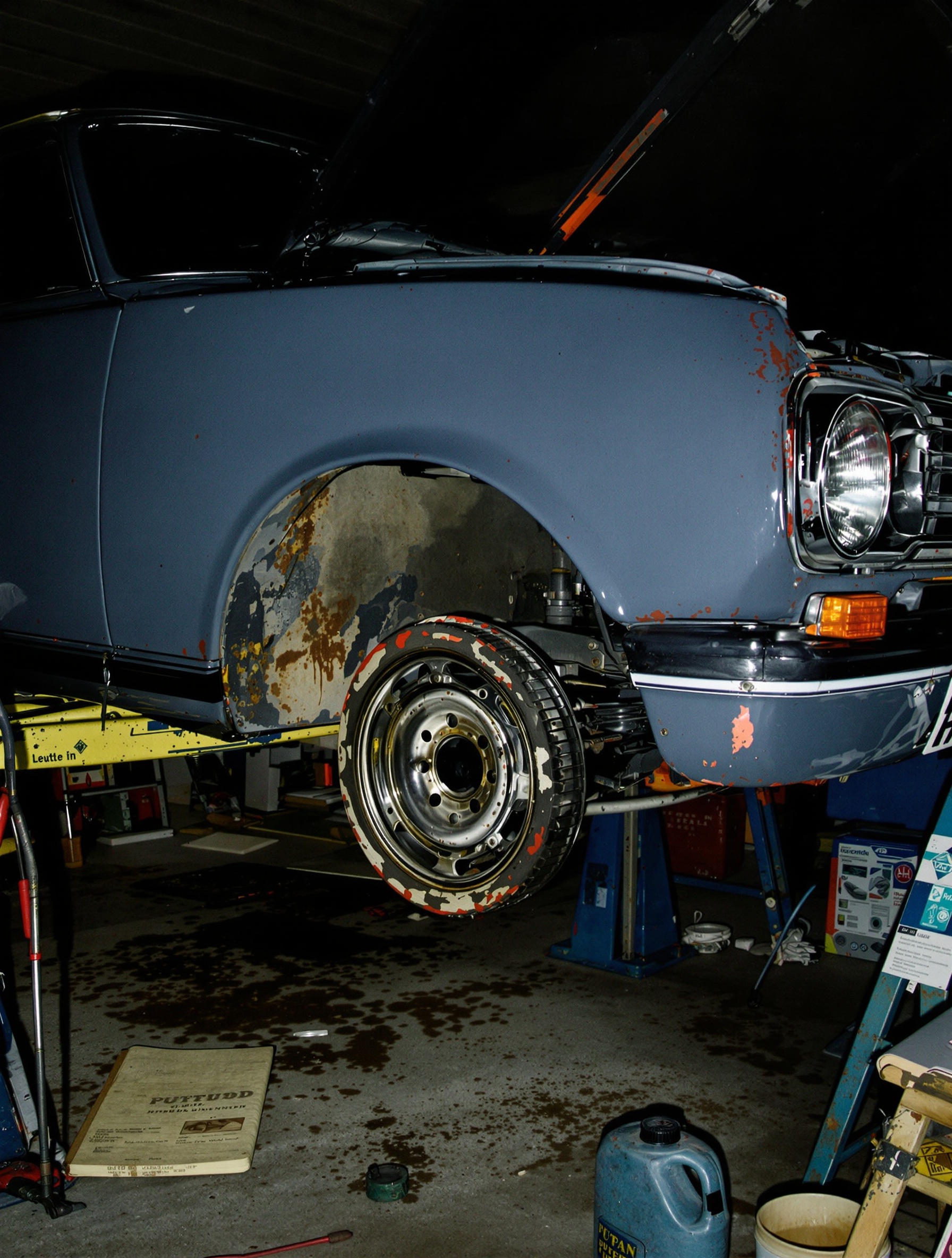 Peugeot 104 ZS2 sur cric en révision dans un garage, avec outils et traitement contre la corrosion.