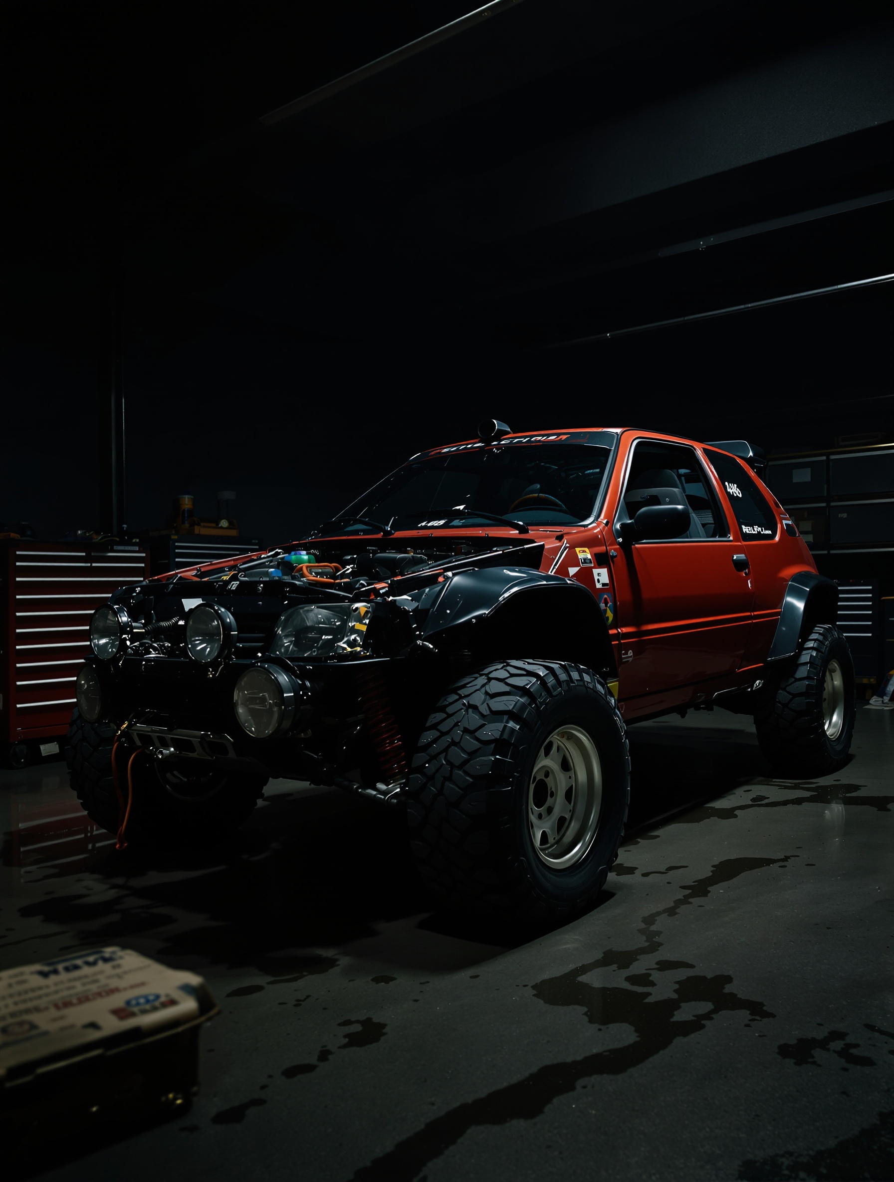 Peugeot 106 modifiée en version 4x4 rallye dans garage sombre