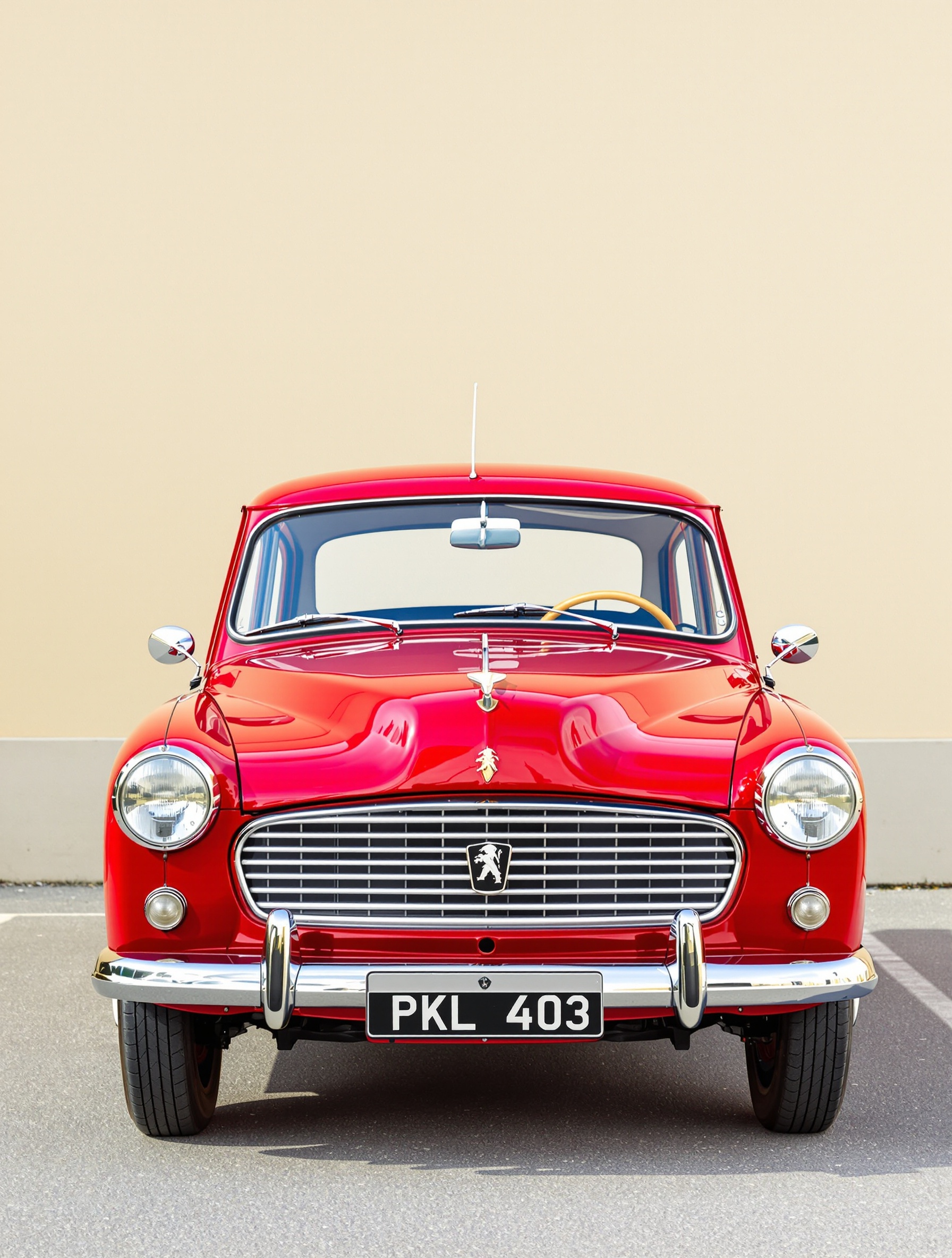 Vue de trois quarts avant d'une Peugeot 403 berline rouge vif, mettant en valeur ses lignes classiques et son logo distinctif. L'image doit évoquer l'élégance discrète et la robustesse de l'époque.