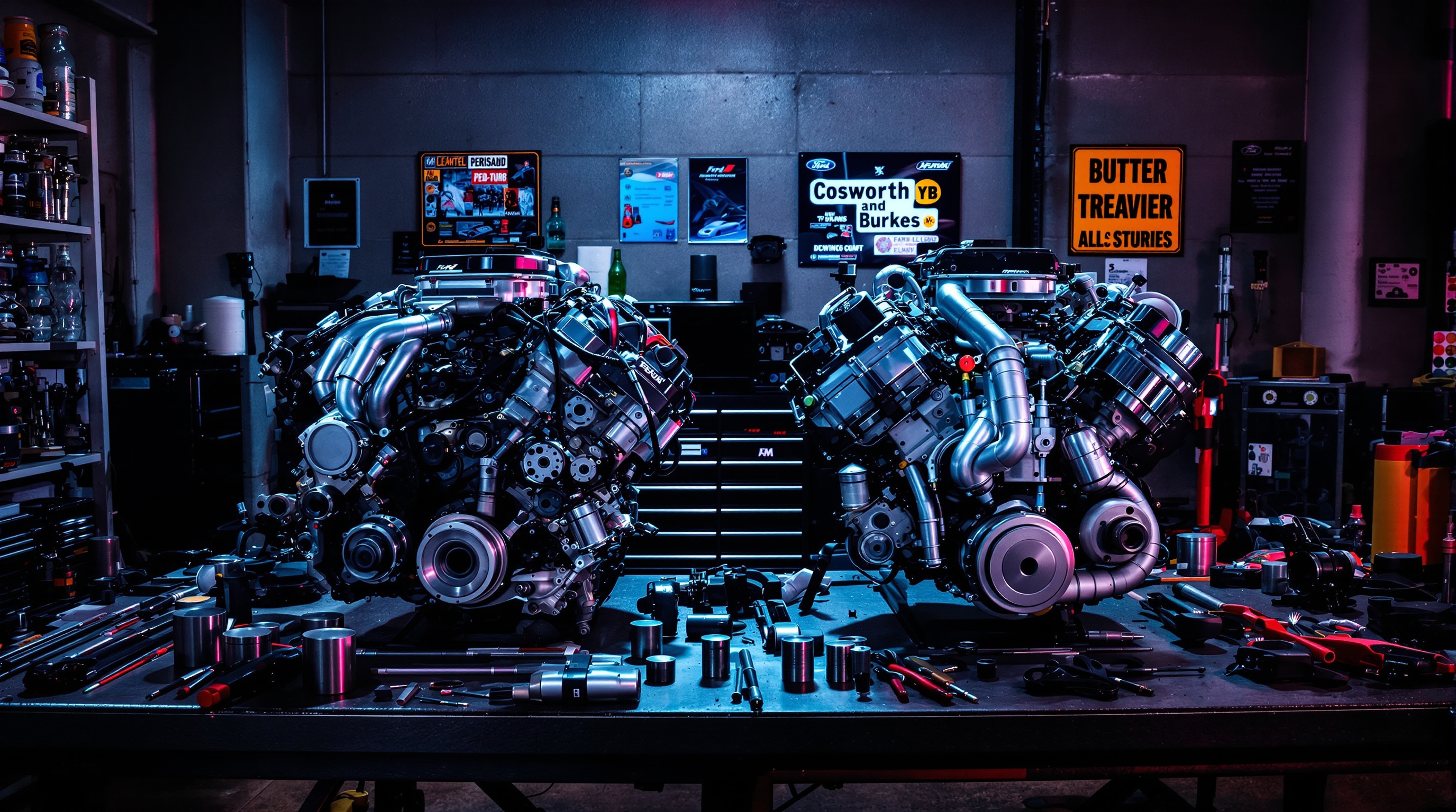 Moteur Peugeot 405 T16 vs Ford Cosworth YB dans garage underground