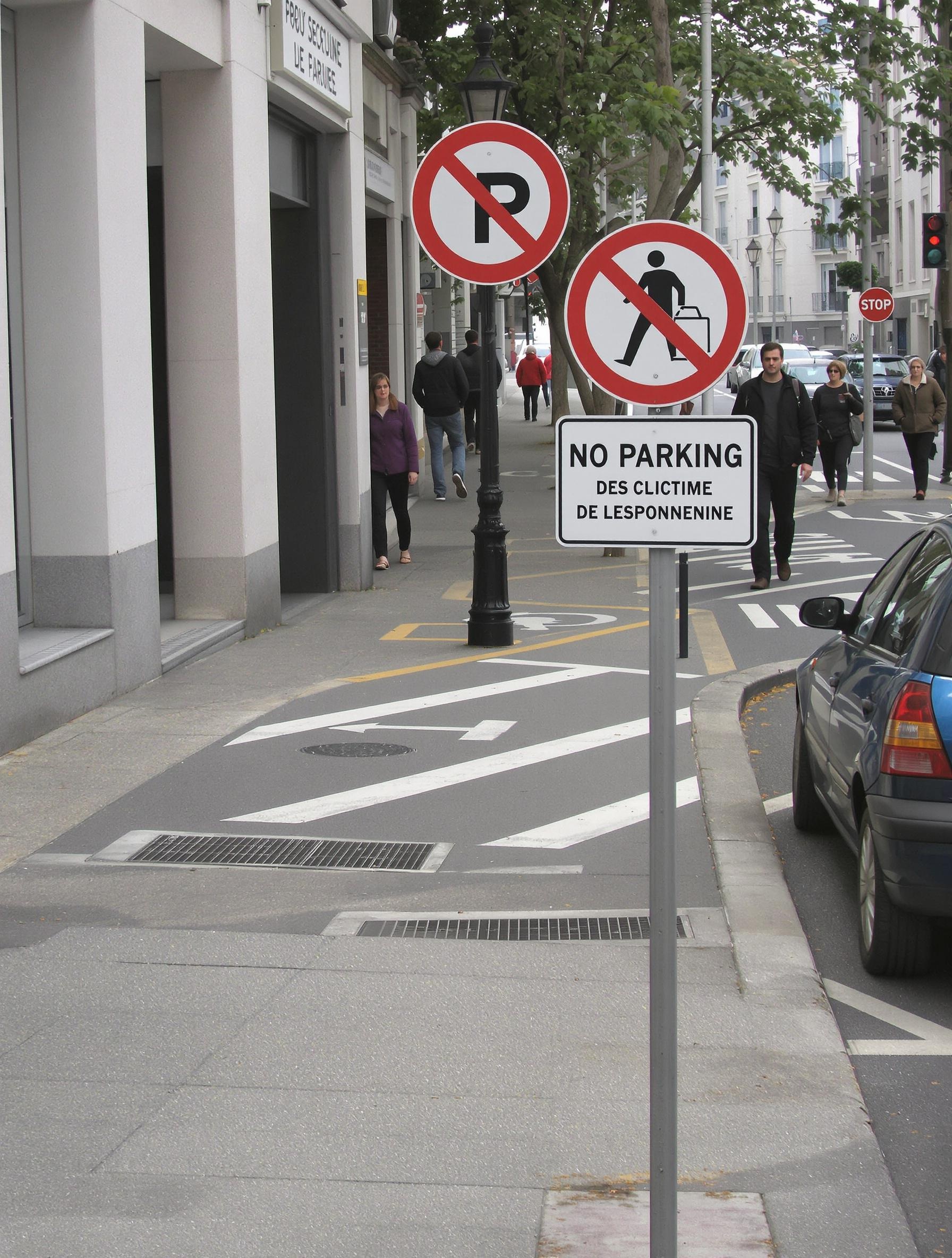 Trottoir urbain avec panneau d'interdiction de stationner, marquage au sol partiel, piétons et véhicule mal garé