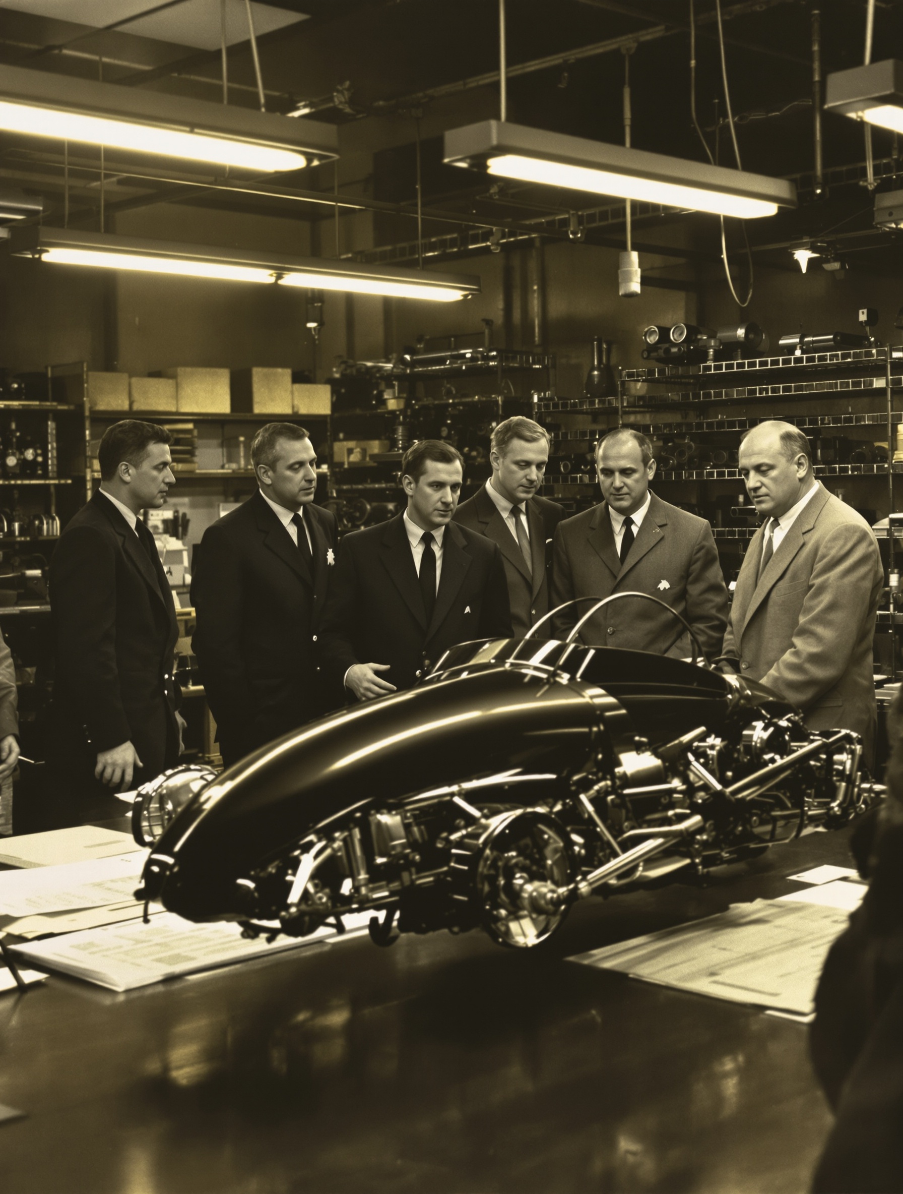 Pierre Dreyfus observant un prototype du Projet 112 Renault 4 entouré d'ingénieurs dans un atelier années 50.