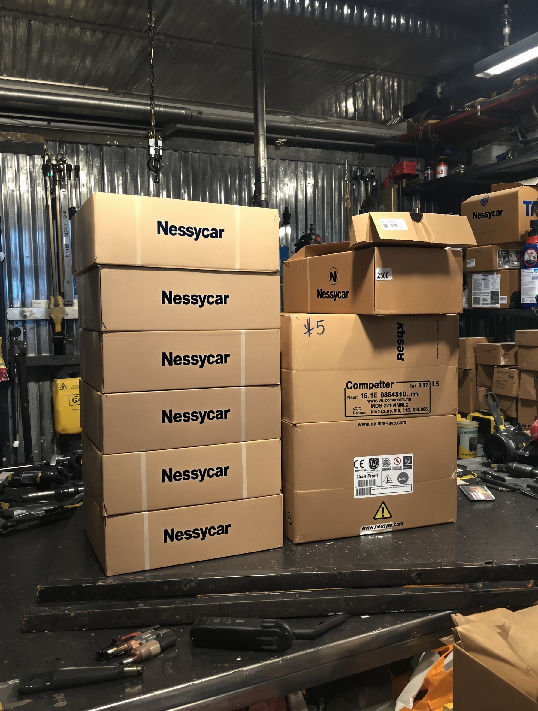 Boîtes de pièces détachées Nessycar vs concurrents sur un établi d'atelier