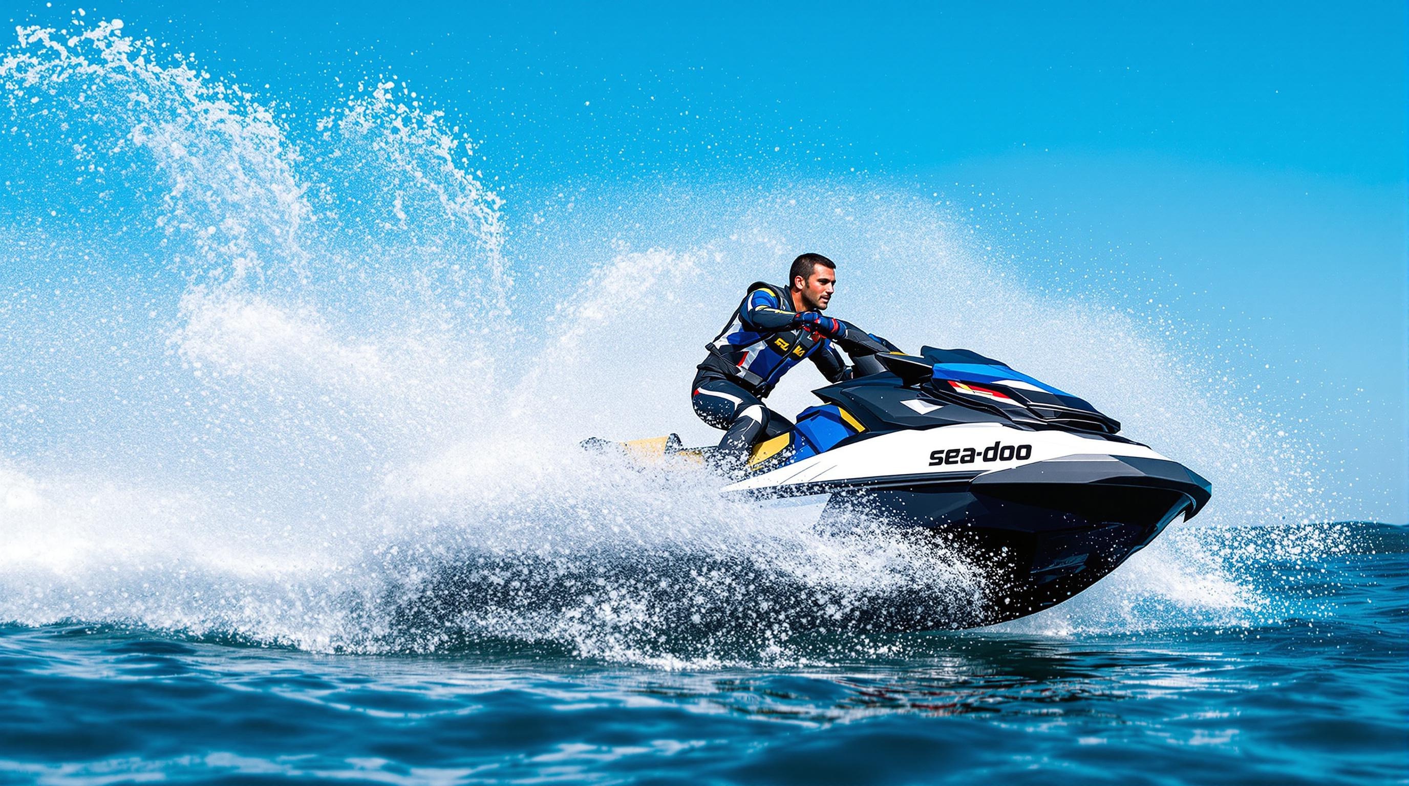 Le Sea-Doo GTR 230 2024 en pleine accélération dynamique avec un pilote professionnel.