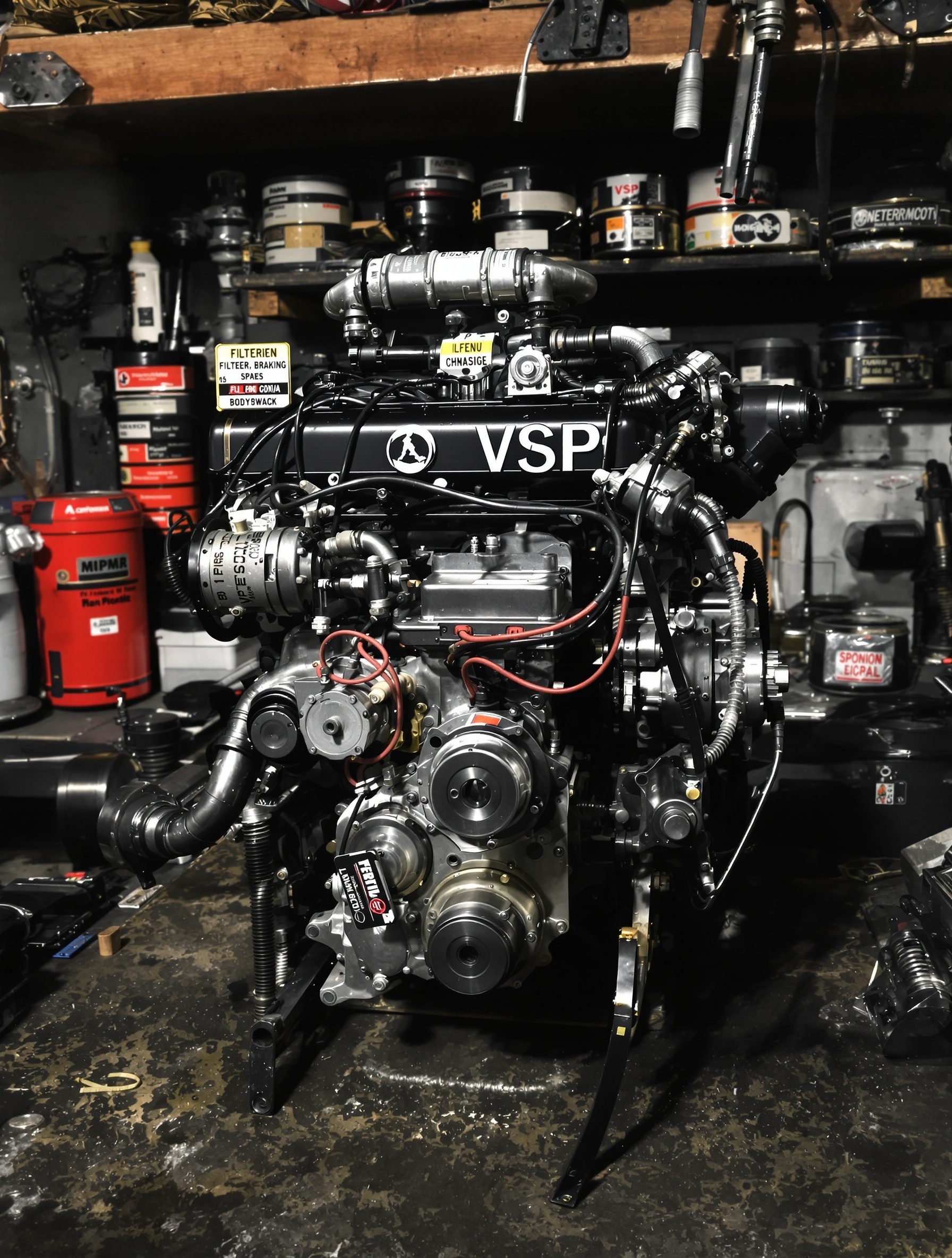 Pièces détachées moteur VSP sur établi de garagiste
