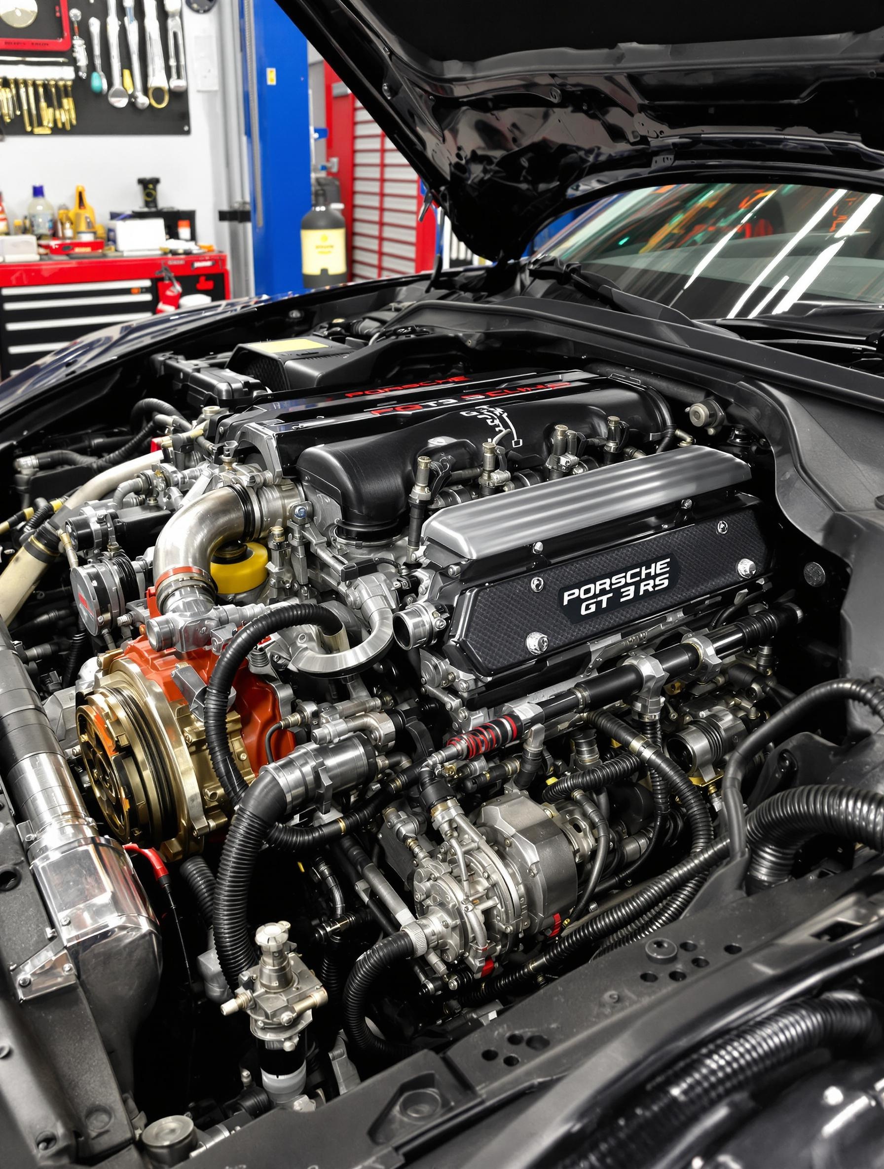 Moteur boxer six cylindres de la Porsche 911 GT3 RS, capot ouvert