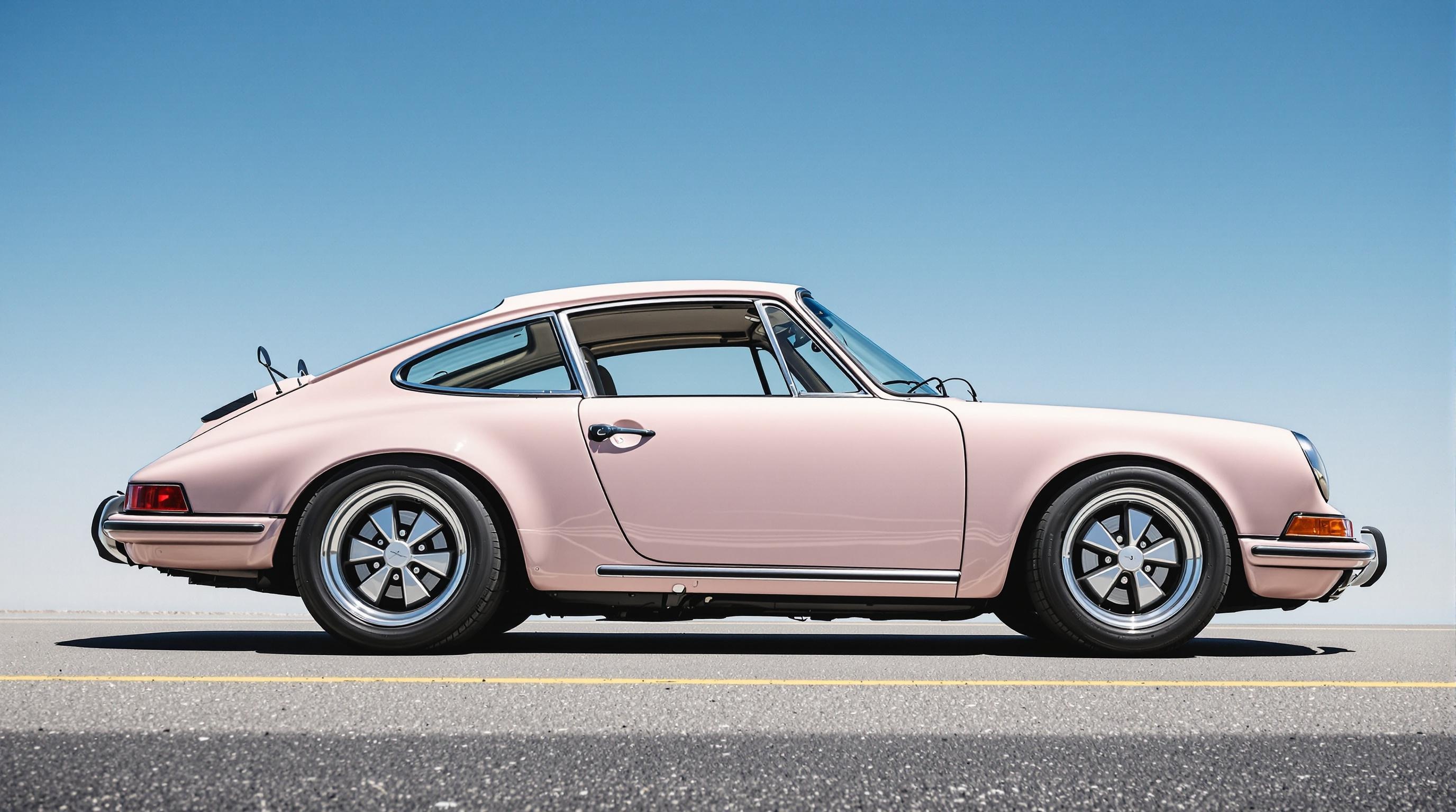 Porsche 911 classique préparée par Singer avec couleur pastel rétro, jantes Fuchs modernisées et détails carbone élégants.
