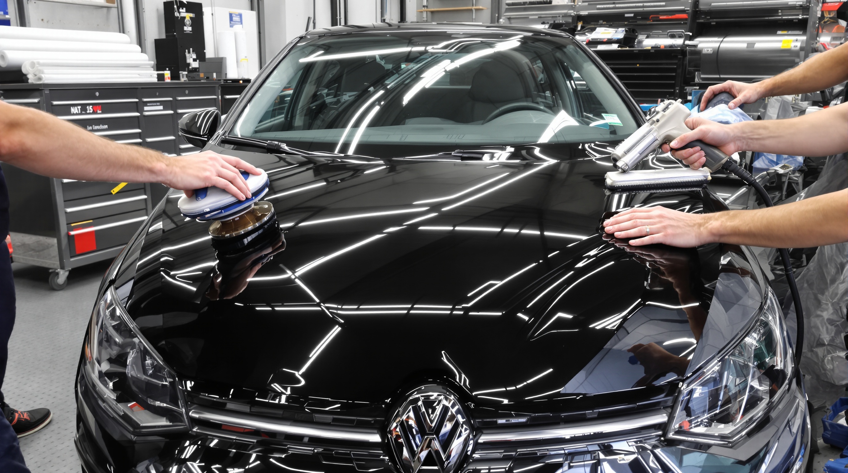 Installation d'un film vinyle sur le capot d'une voiture moderne, atelier professionnel