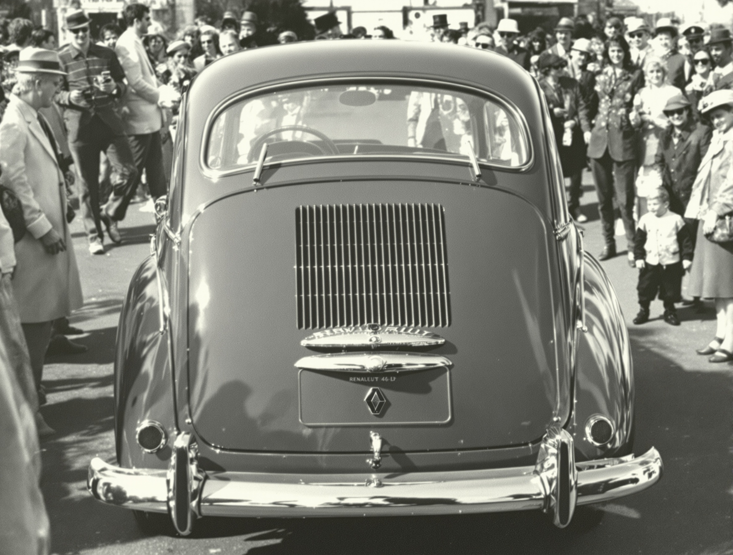 Présentation publique de la première Renault 4L en 1961 devant une foule enthousiaste.