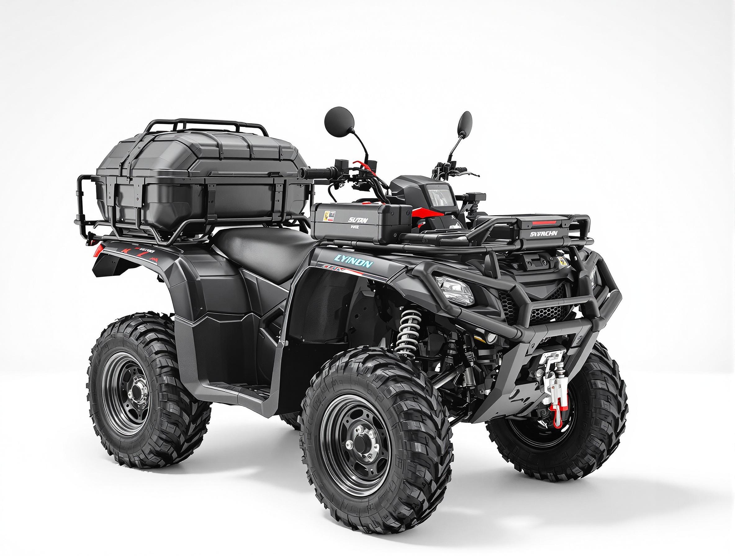 Quad équipé treuil coffre accessoires utilitaires.