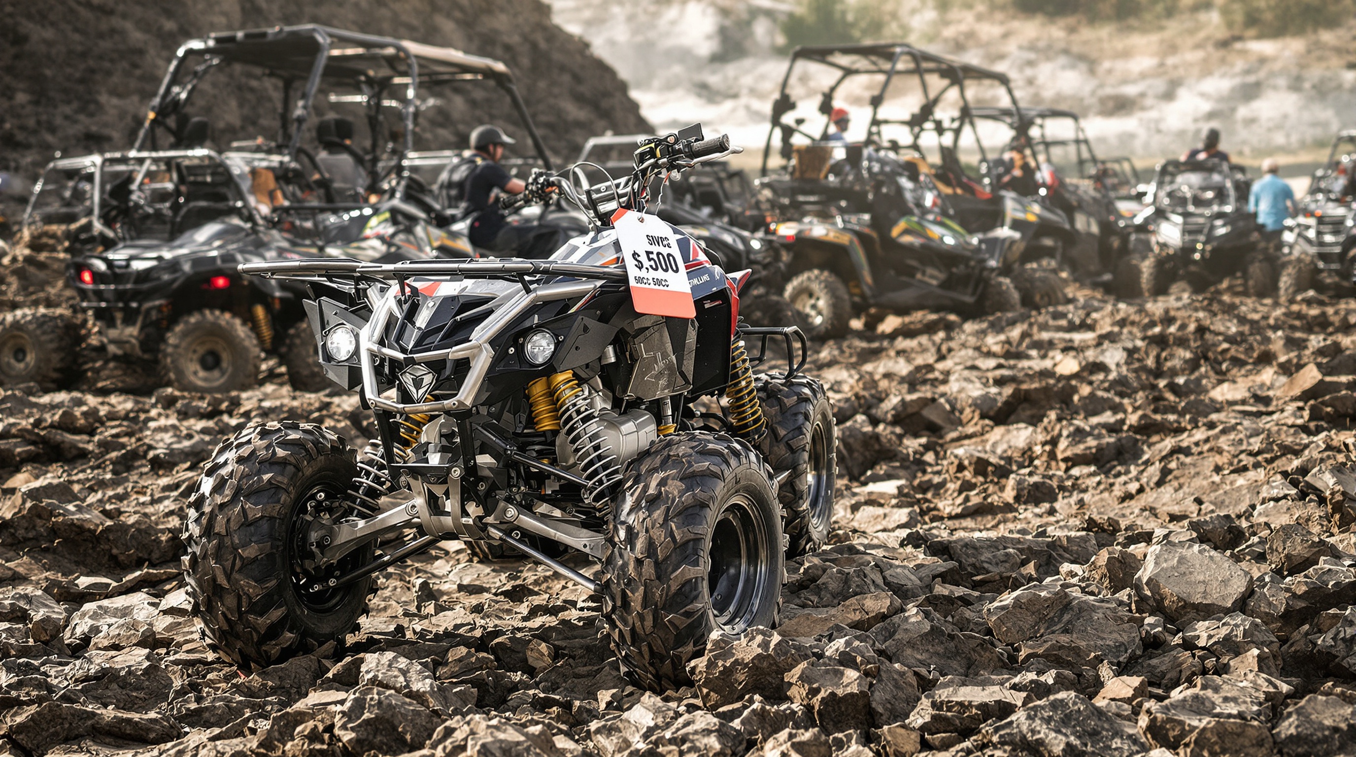Un quad moderne sur terrain accidenté avec différentes tailles.