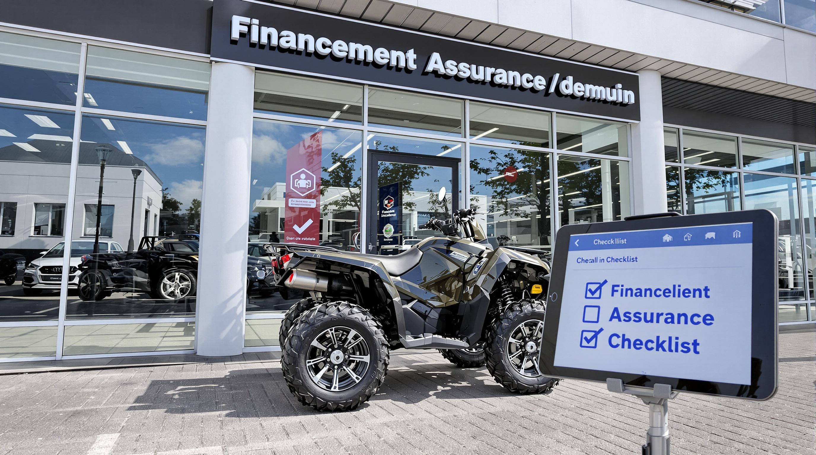 Un quad flambant neuf garé devant une concession moderne, avec des panneaux indiquant financement, assurance et checklist visible sur une tablette.