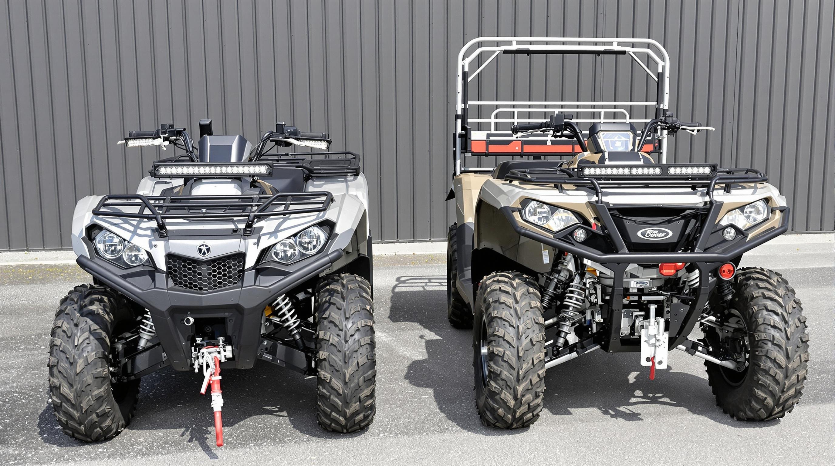 Quad homologué route vs utilitaire avec remorque équipements visibles.