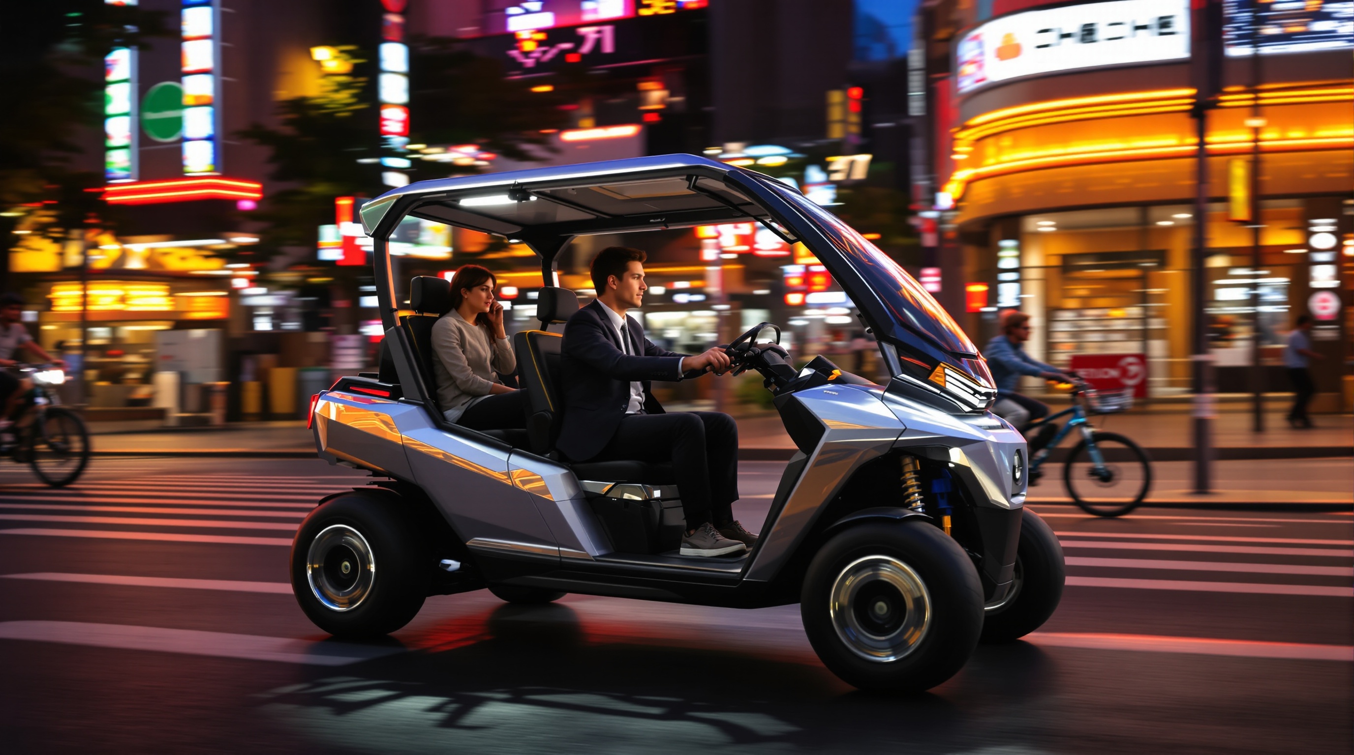 quadricycle électrique urbain moderne avec ado adulte livreur