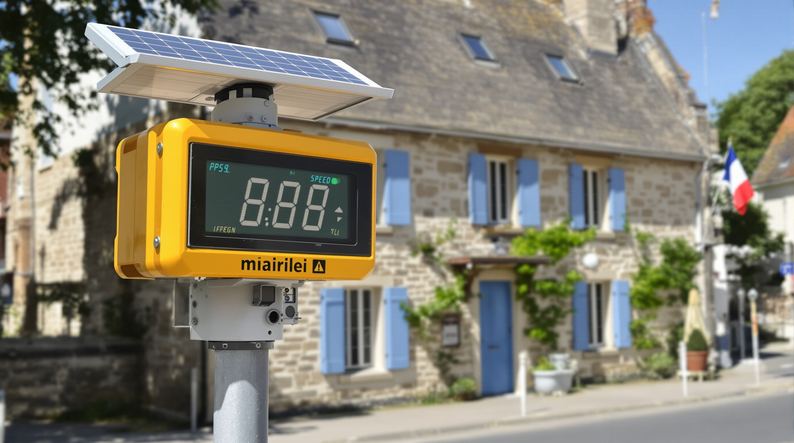 radar pédagogique réglementaire avec listel jaune devant mairie