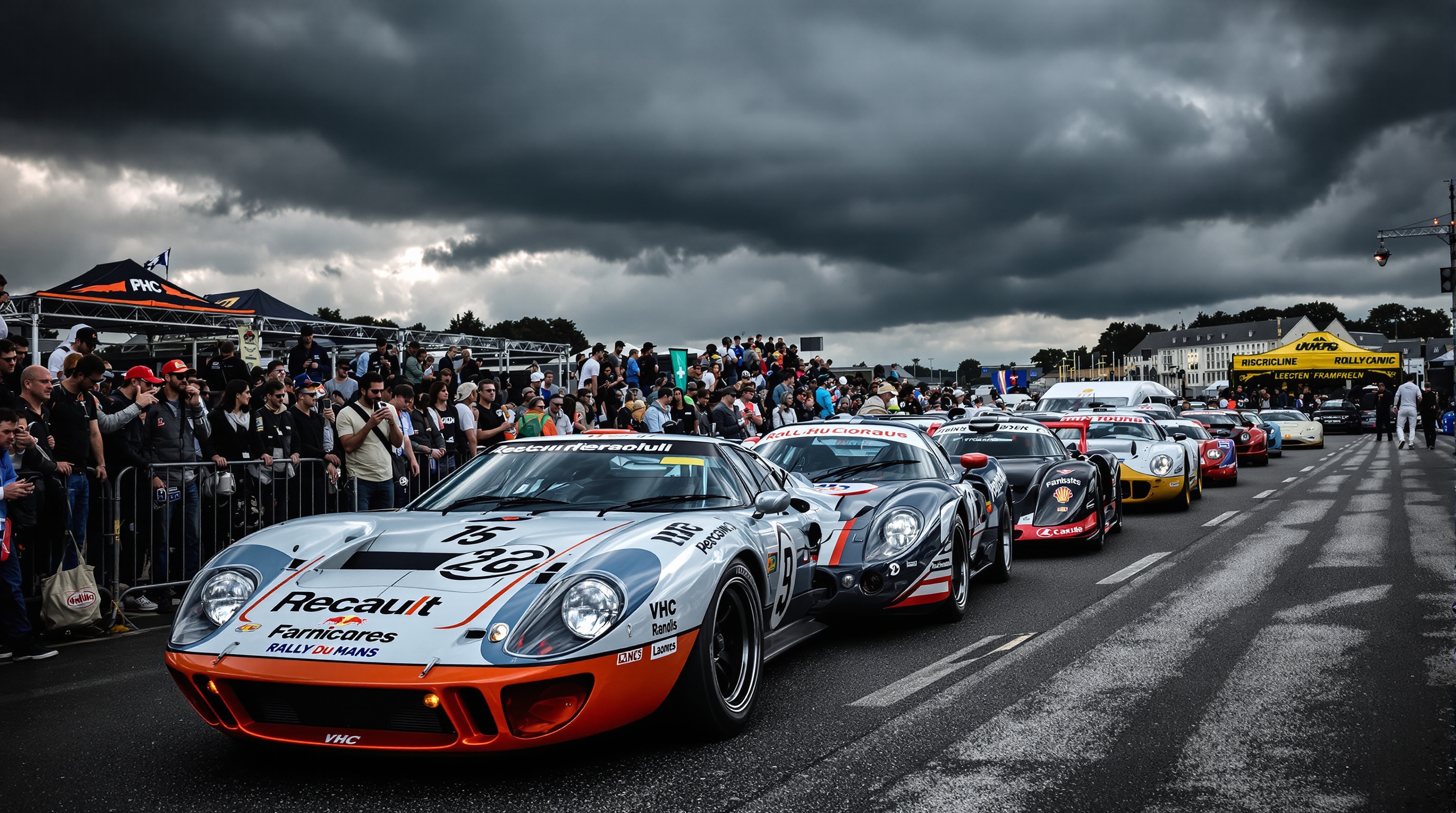 Foule de passionnés, voitures de rallye moderne et VHC prêtes à partir, ambiance électrique sur la ligne de départ du Rallye du Mans 2025