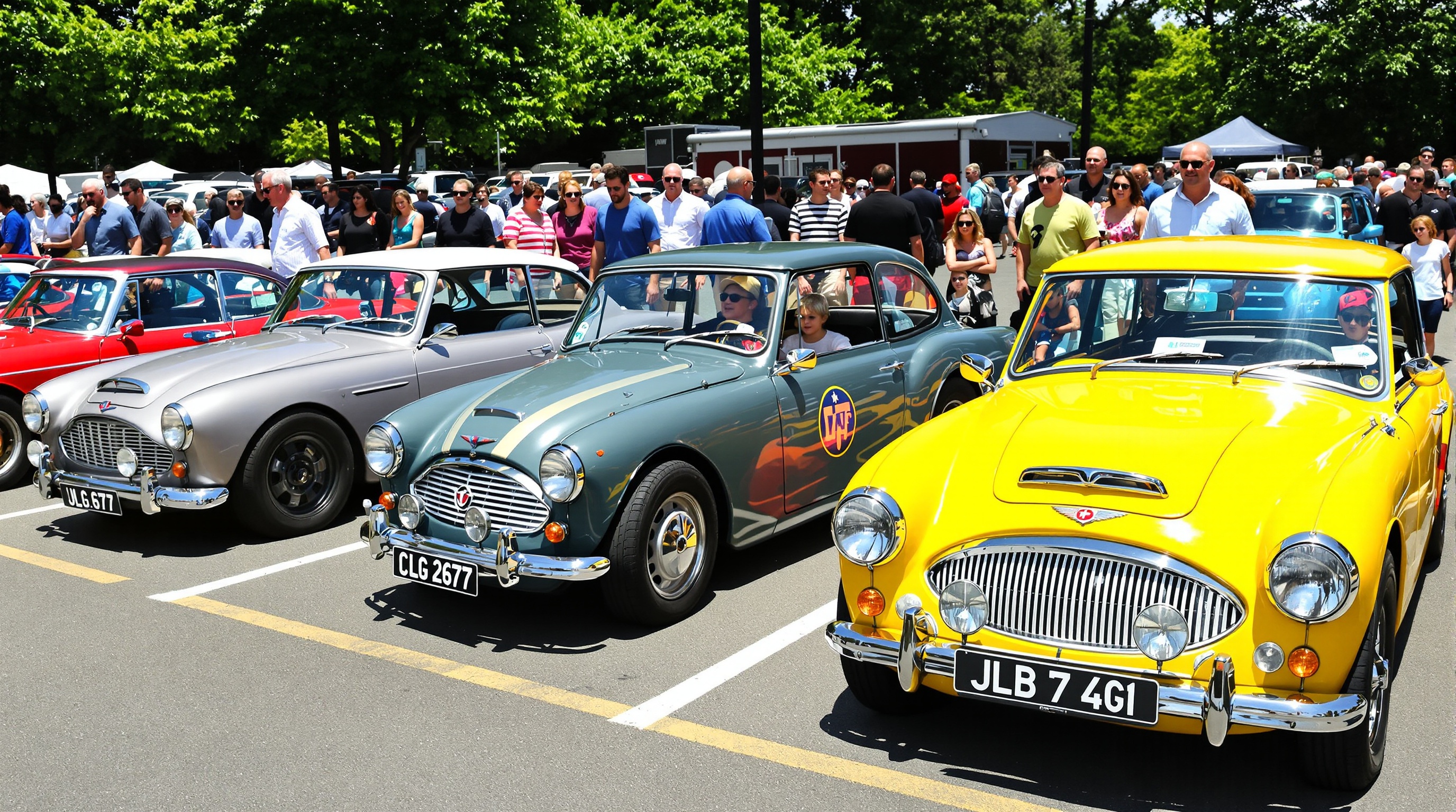 Ambiance vibrante de rassemblement automobile : plusieurs modèles Austin (Seven, Mini, Healey) exposés fièrement sur un parking, des passionnés admirant les véhicules, quelques enfants émerveillés devant une Austin ancienne, arrière-plan légèrement flou mettant en valeur l’intemporalité et l’enthousiasme qui entourent la marque.