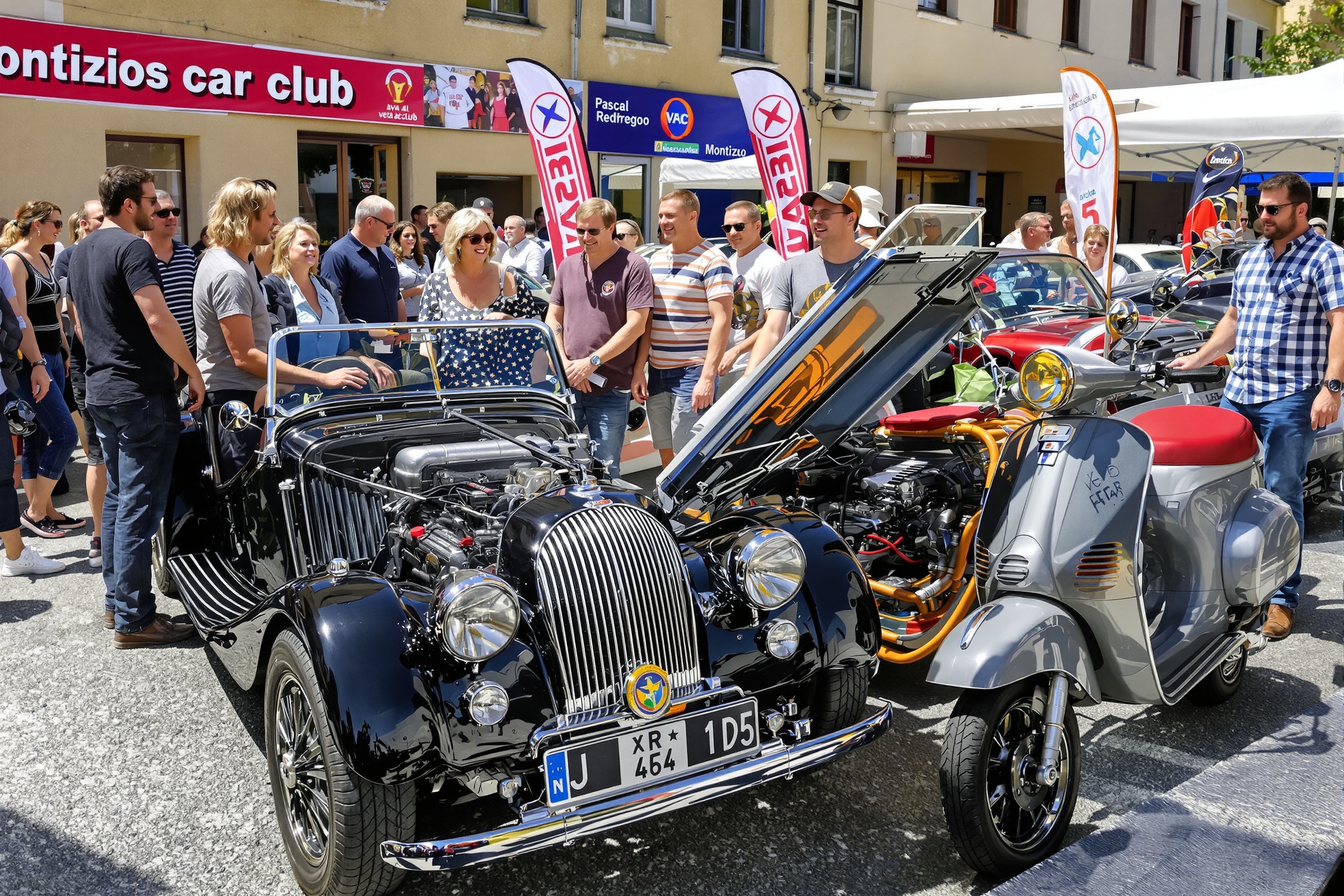 Rassemblement voitures de collection à Montbizot : Morgan 4/4, Vespa 400, Pascal Redregoo
