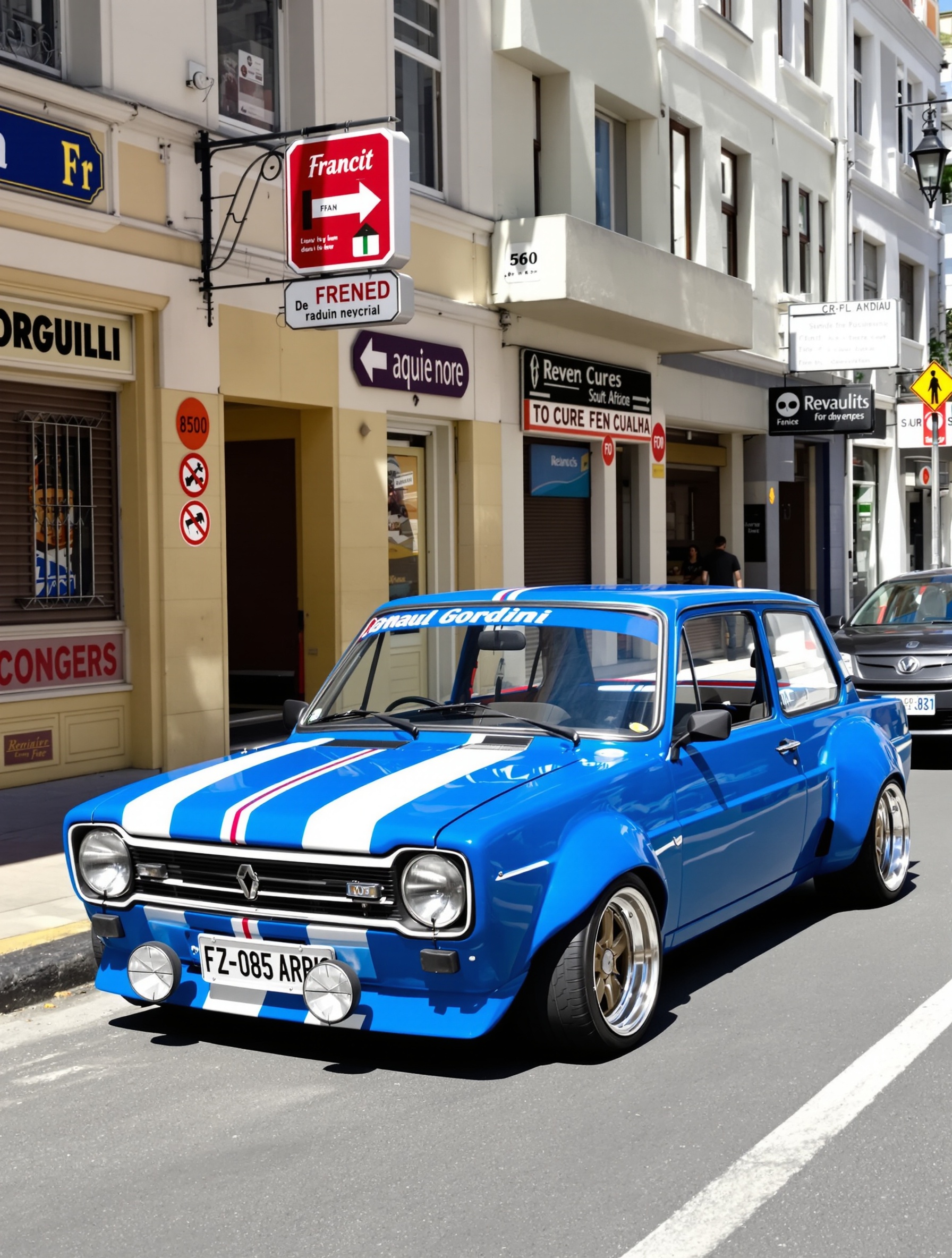 Renault 10 Gordini FASA Afrique du Sud, avec sa peinture bleue, ses bandes blanches, ses suspensions rabaissées et ses jantes spécifiques.