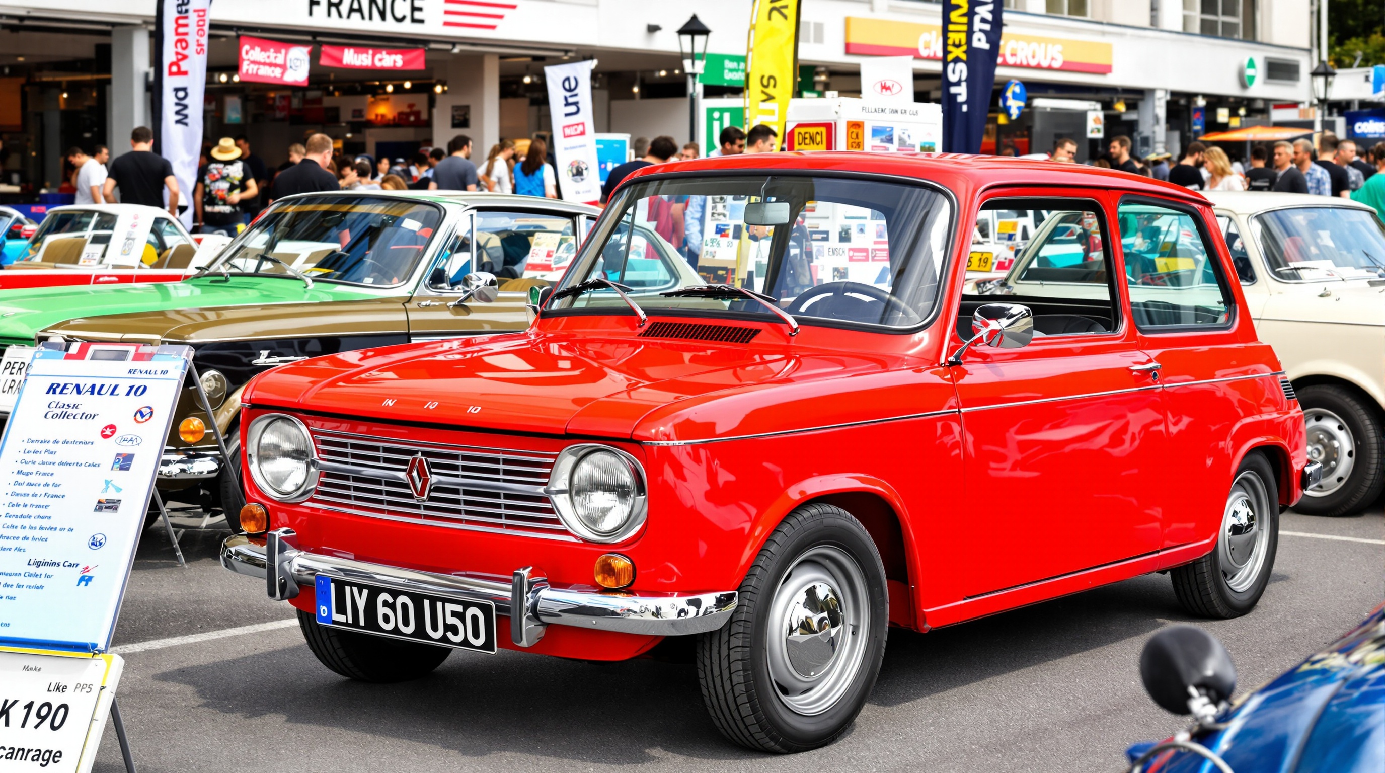 Renault 10 lors d'un rassemblement de voitures anciennes en France, entourée d'autres modèles classiques.