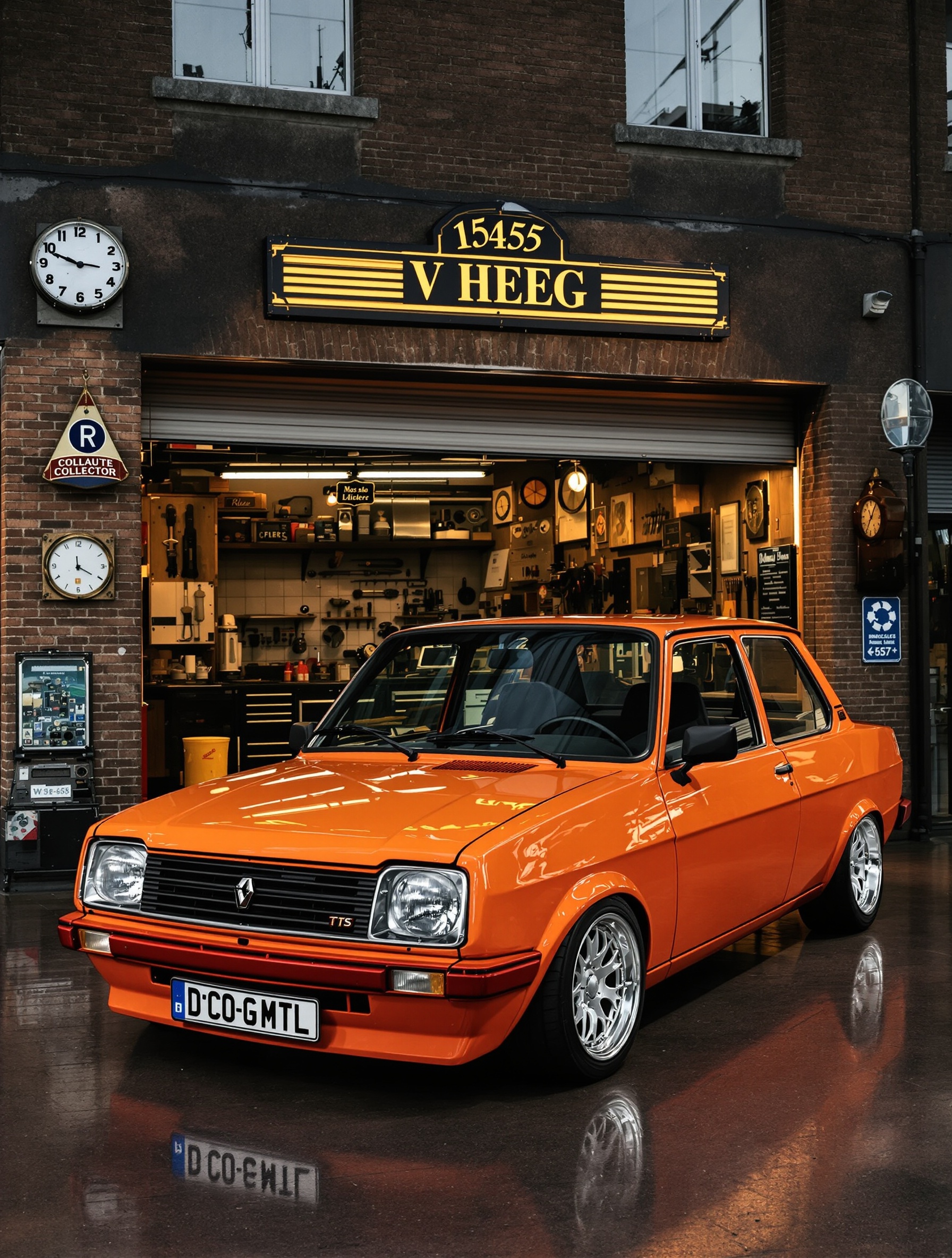 Renault 17 TS restaurée couleur vive devant garage collection