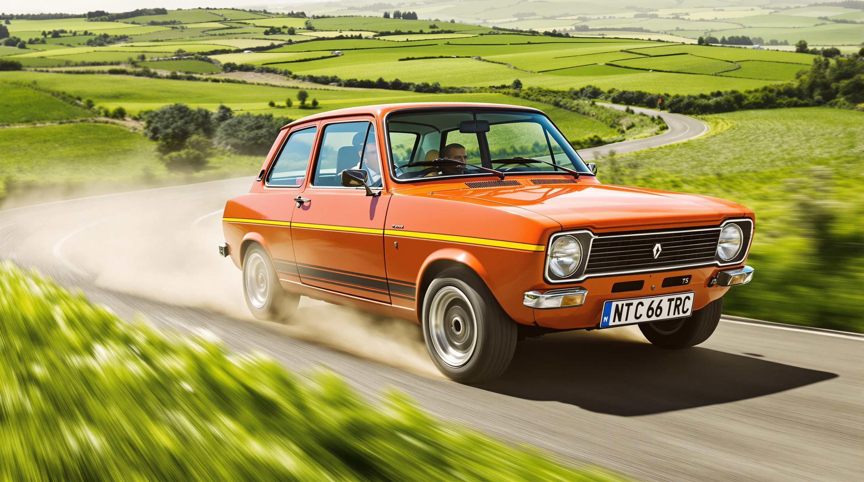Renault 17 TS dynamique couleur vive sur route sinueuse années 70