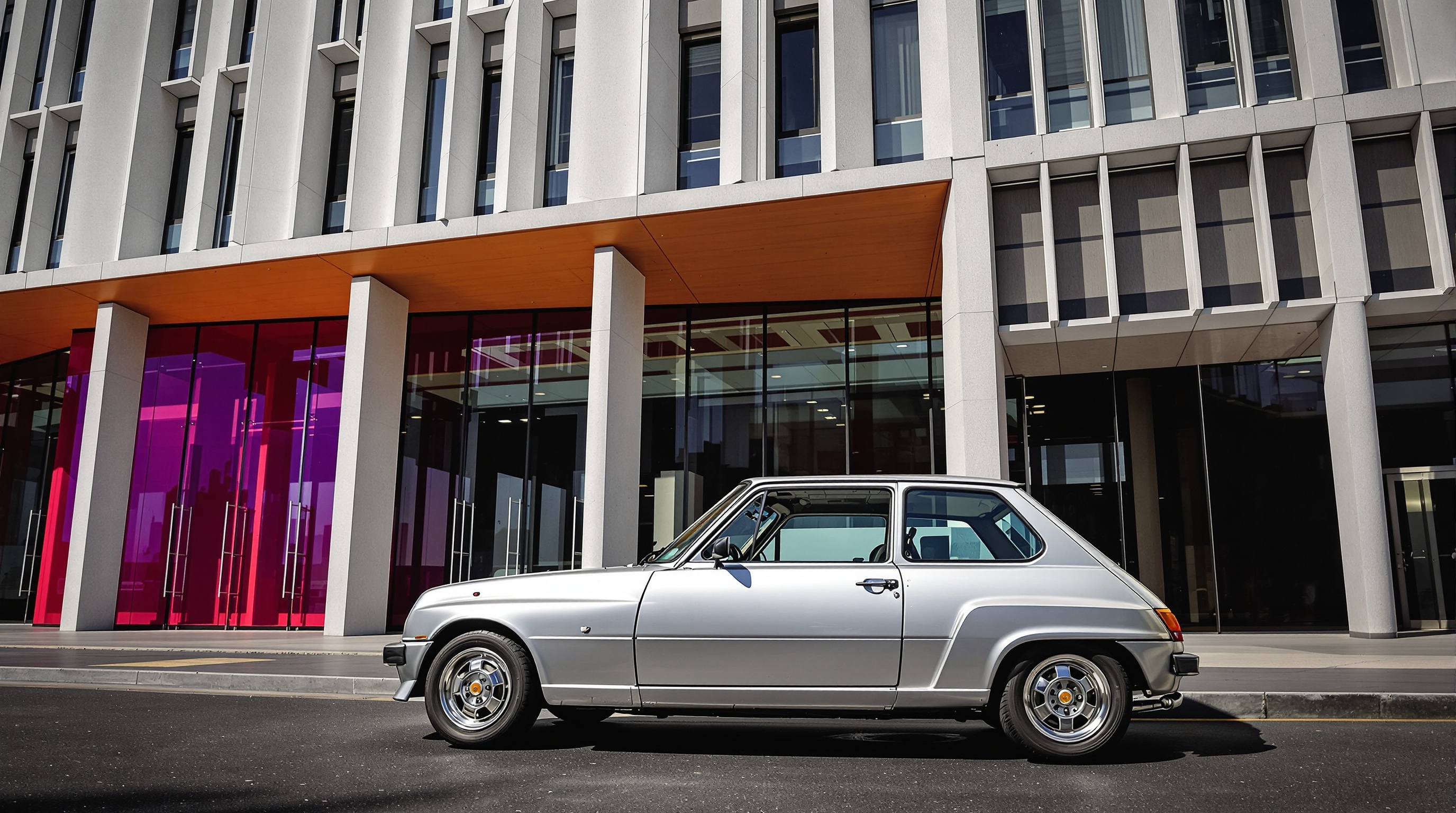 Renault 25 garée devant bâtiment moderne – vraie icône française