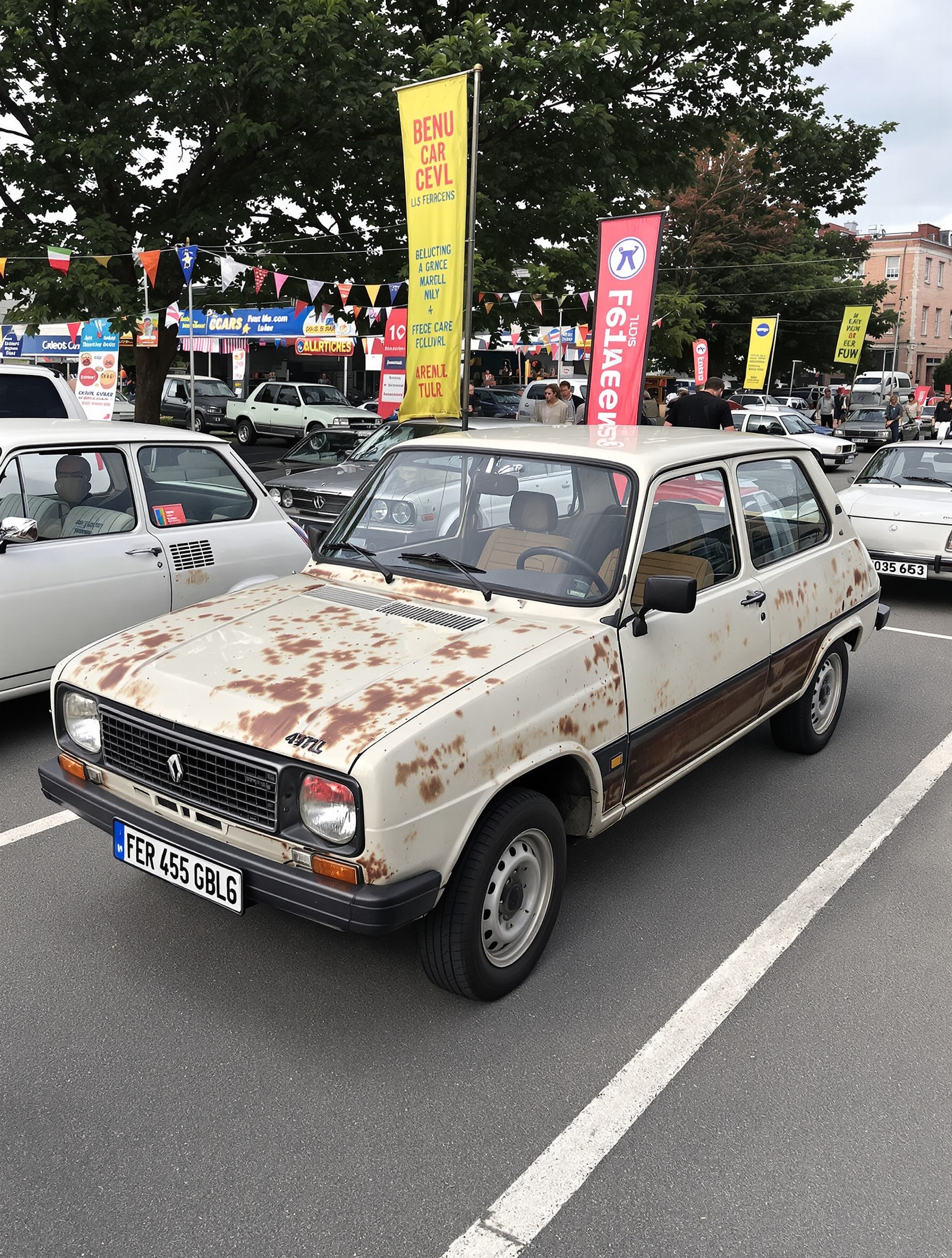 Renault 4L GTL d’occasion en état moyen sur marché auto avec rouille visible.