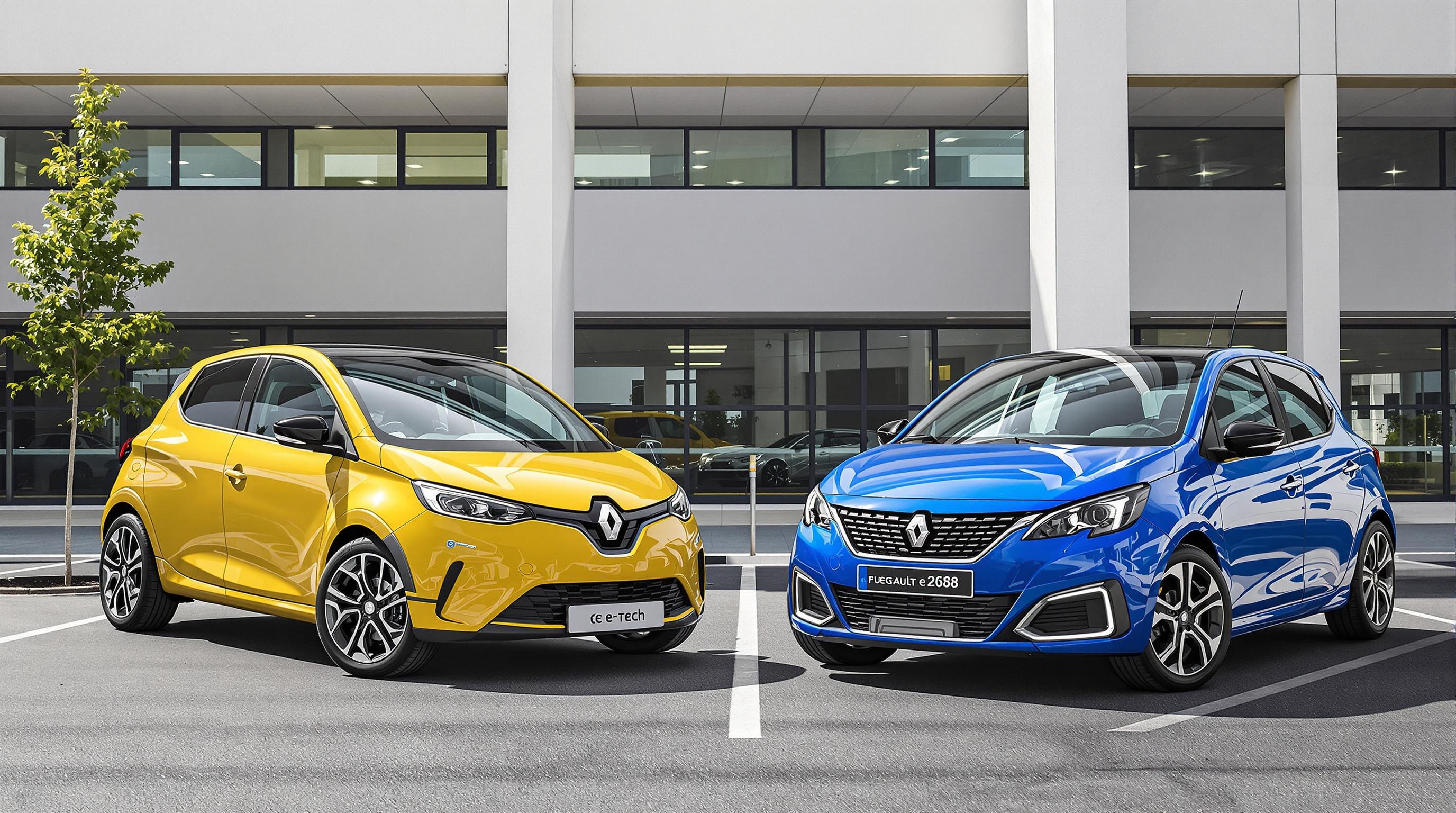 Renault 5 E-Tech et Peugeot e-208 2025 côte à côte, mettant en avant leur design et leurs caractéristiques électriques.