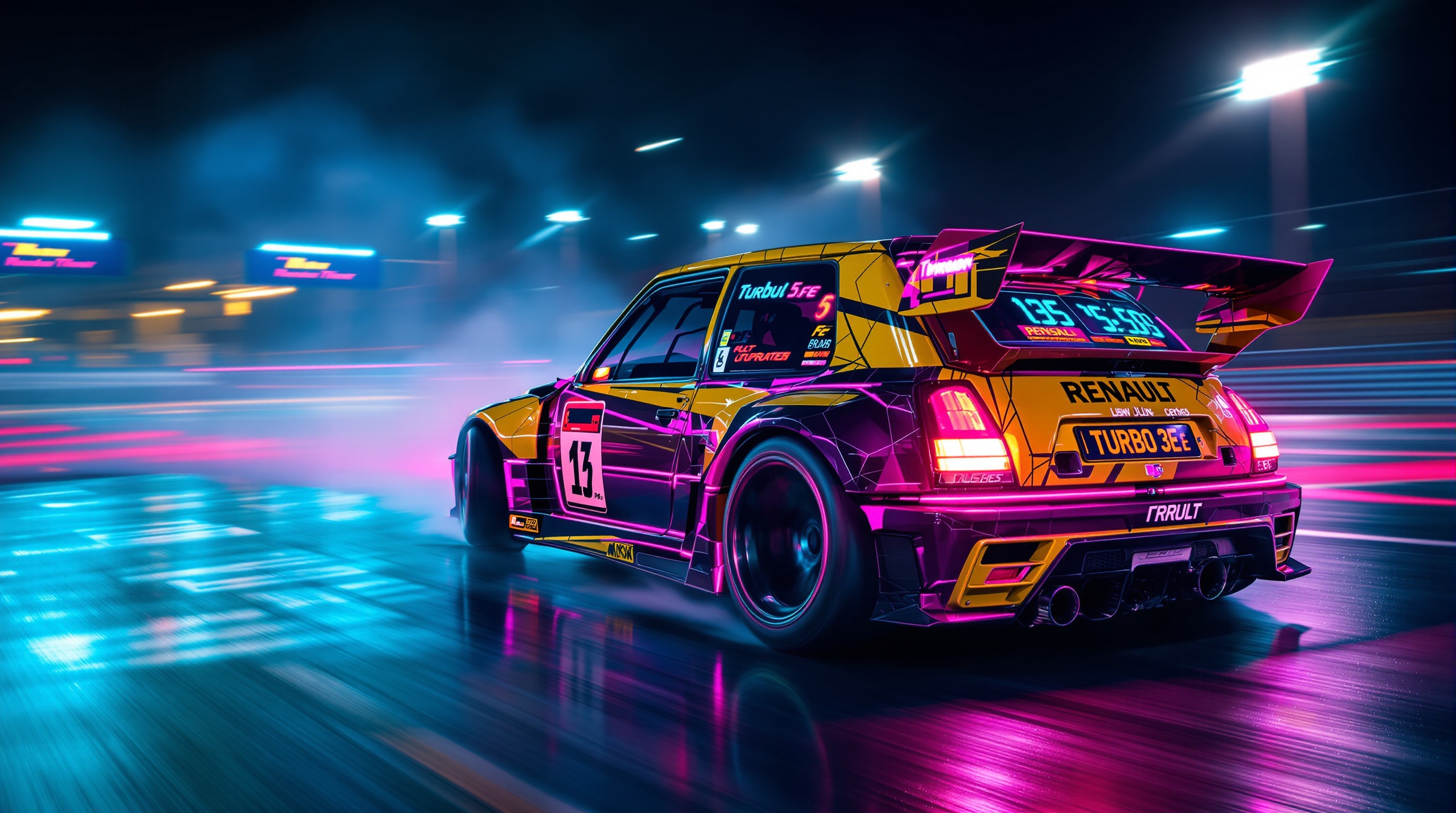 Renault 5 Turbo 3E en action drift néon