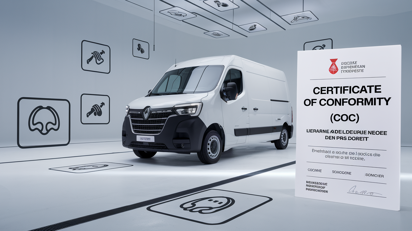 Renault Master, pictos sécurité et Certificat de Conformité COC en avant-plan