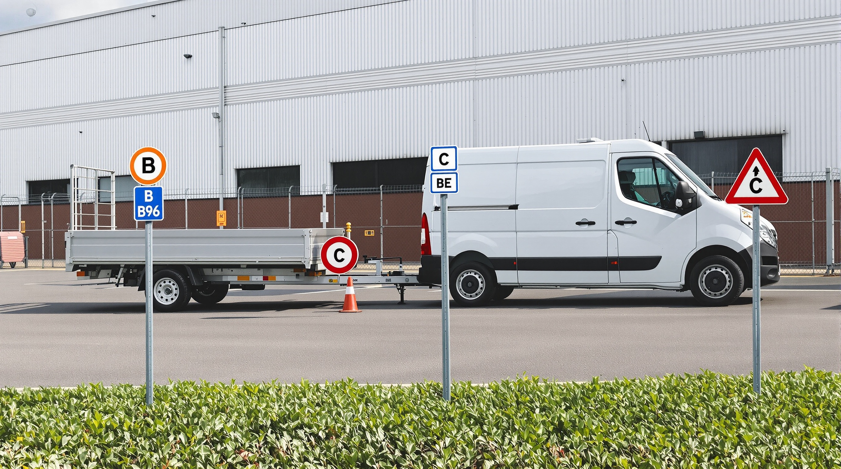 Utilitaire Renault Master tractant une remorque avec panneaux permis B/B96/BE/C