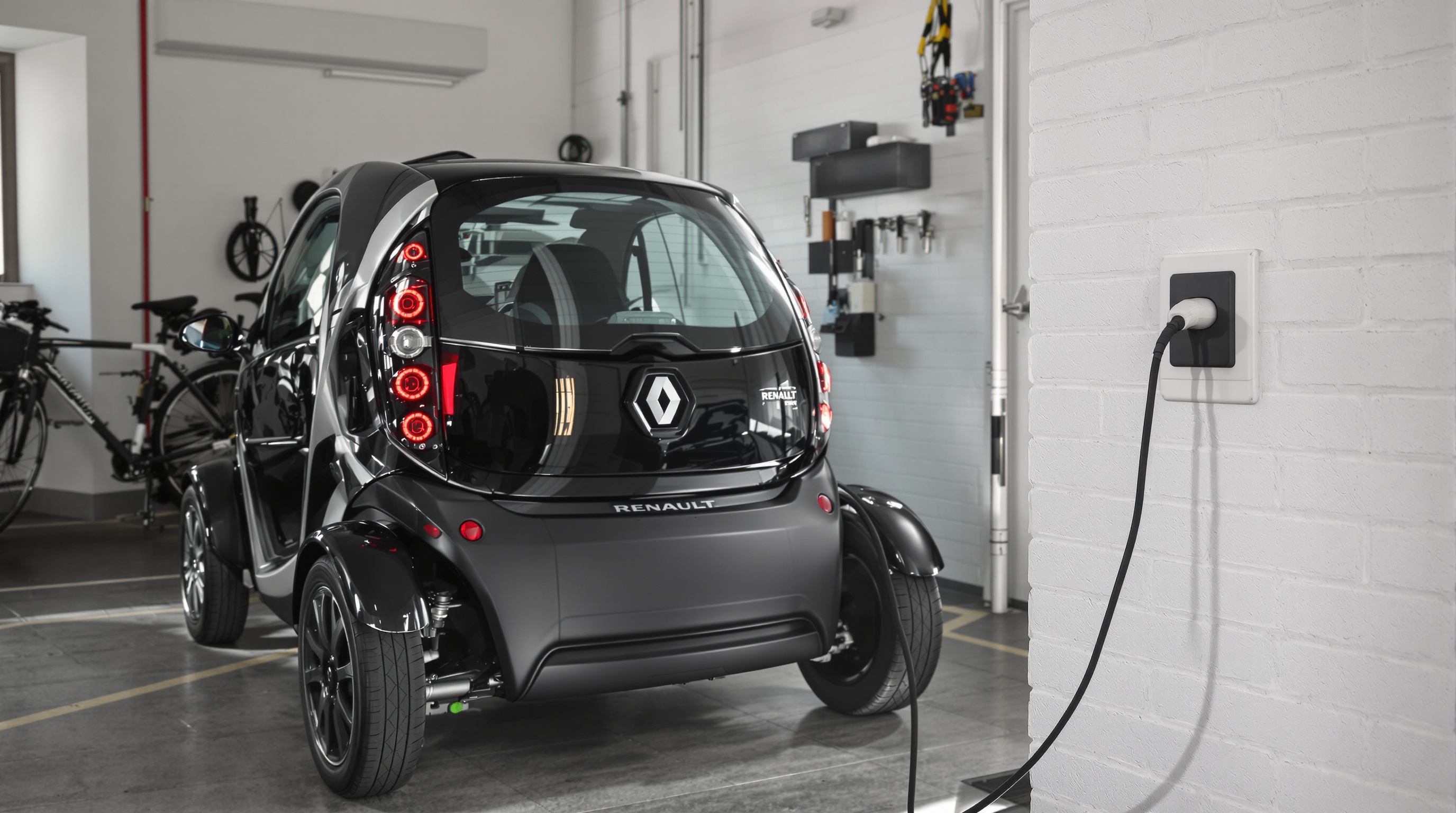 Renault Twizy branchée sur une prise domestique dans un garage urbain.