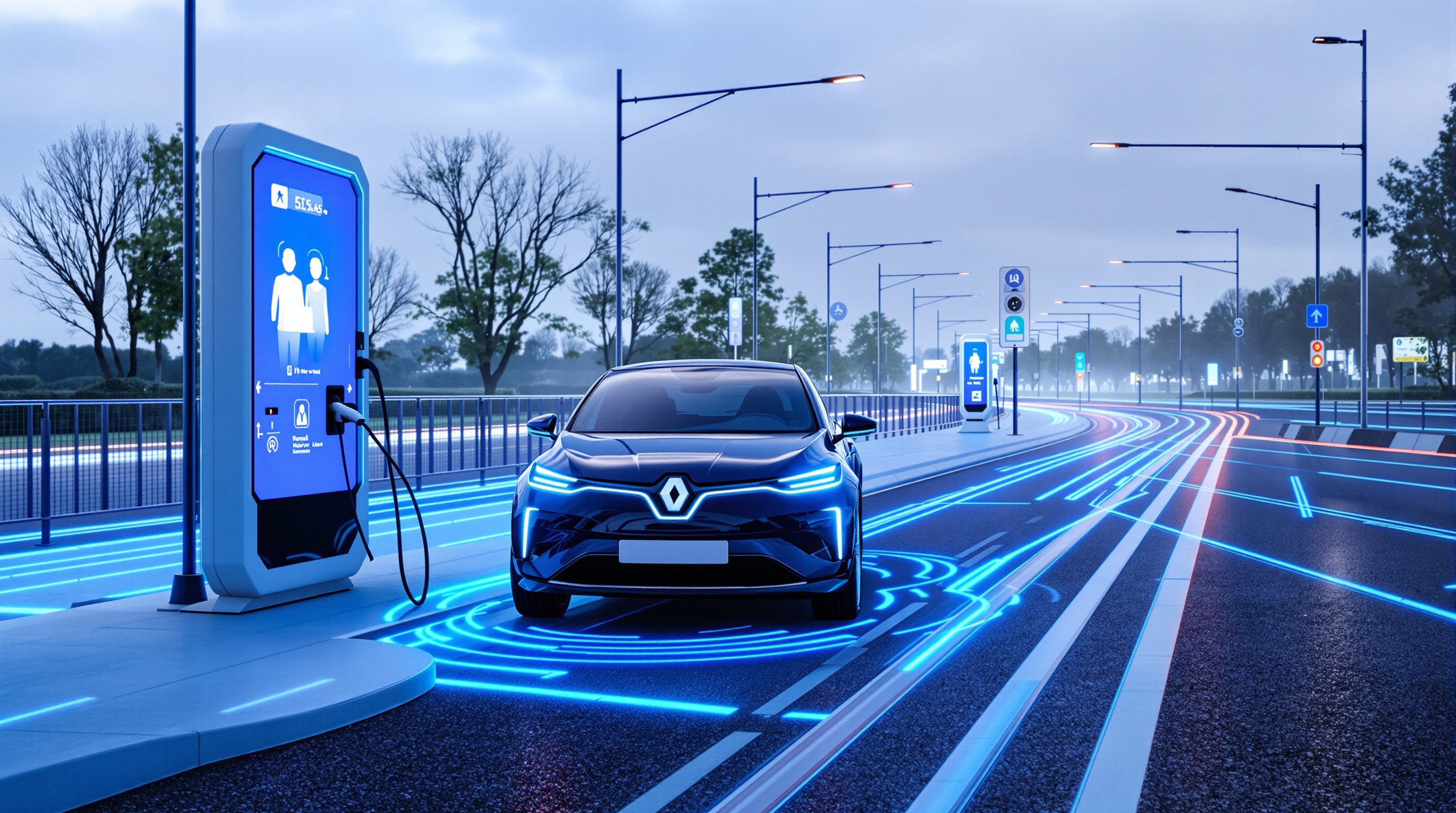 Scène futuriste de recharge par induction sur route Renault