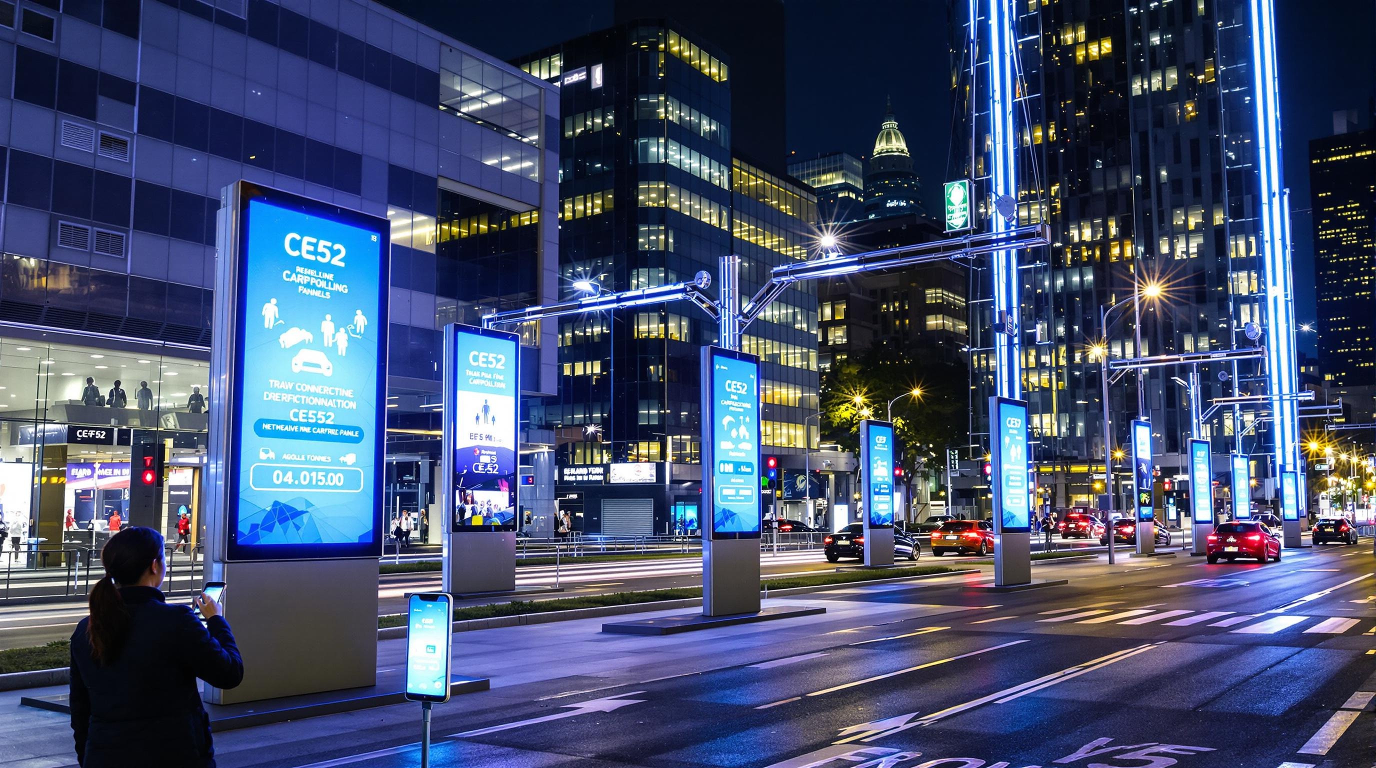 Réseau de panneaux CE52 connectés avec LED pilotés par smartphone dans une smart city