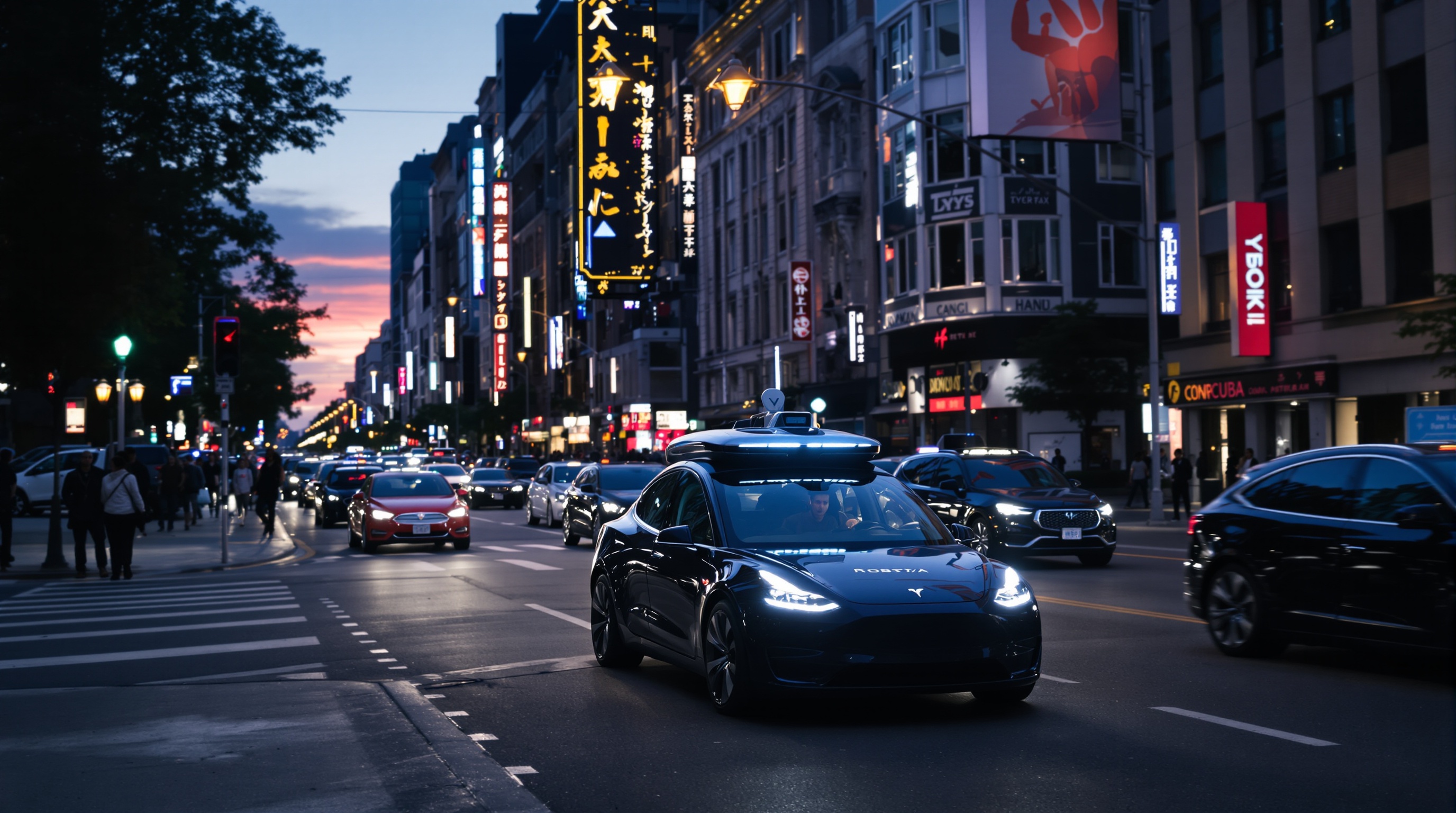 Robotaxi Tesla Model Y dans la circulation urbaine au crépuscule, futur incertain