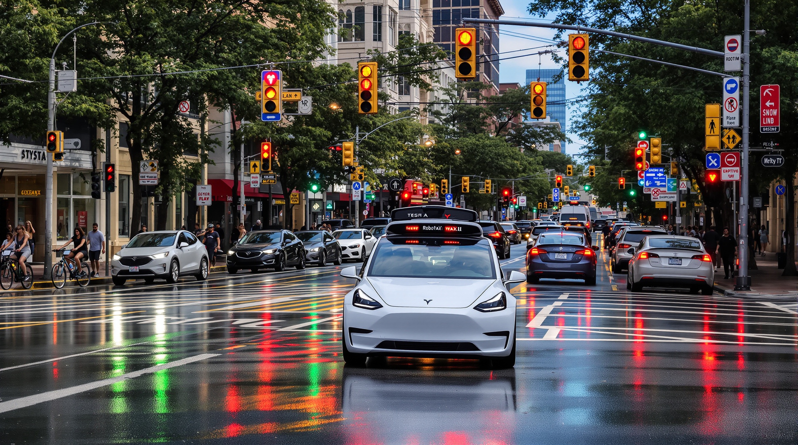 Robotaxi Tesla Model Y blanc en pleine circulation chaotique à Austin